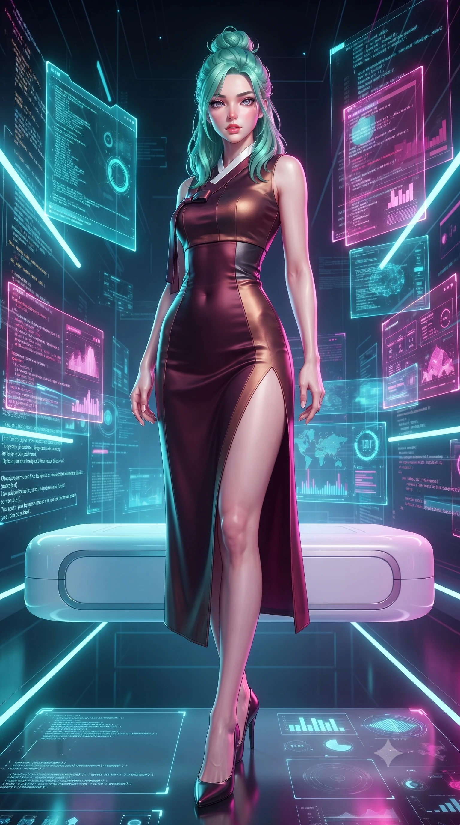 score_9, masterpiece, best quality, ultra-detailed, high-budget anime keyframe, editorial fashion photography, tasteful artistic composition, Japanese woman. low angle full-body shot from head to toe showing her feet, filling the entire 9:16 vertical frame with her statuesque presence, stretching her vertical silhouette. navigating the luminous space with effortless poise, displaying her perfect model proportions resting on a sleek white floating console amidst glowing code streams, translucent cyan and magenta holographic panels hovering seamlessly. She has an absolutely perfect, statuesque 8.5-heads proportion, an exceptionally tall and slender model-like female figure with impossibly long slender legs and an ultra-slim waist. sharp v-shaped jawline, high-bridge nose, intricate jewel-like eyes with depth, thick eyelashes, glossy lips with a natural sheen. wearing a modern fusion silk hanbok dress with a structured bodice in deep burgundy and bronze, crafted from smooth liquid silk, finished with a sleek side slit ascending to mid-thigh, the glove-like fit emphasizing her statuesque silhouette. bathed in brilliant neon cyan and magenta rim light with clean white ambient glow. highly saturated vibrant anime colors, detailed shading with soft gradients, rich glossy textures, high-contrast stereoscopic depth, volumetric dynamic lighting, master piece, 9:16 ratio