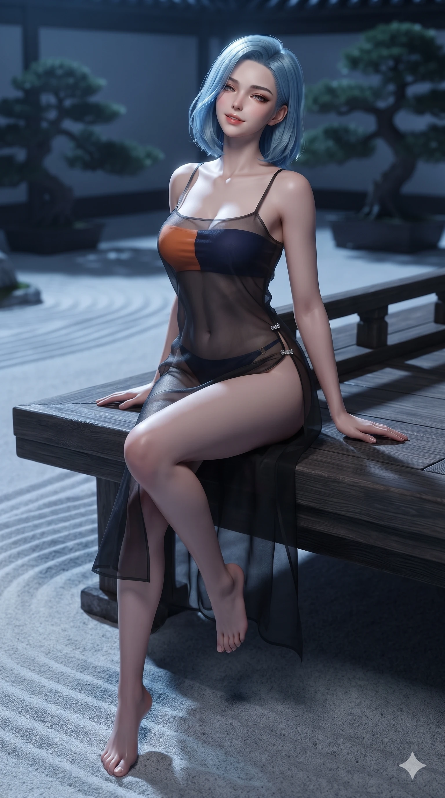 score_9, masterpiece, best quality, ultra-detailed, high-budget anime keyframe, editorial fashion photography, tasteful artistic composition, Korean woman. close-up cowboy shot from the waist and thighs up, the character dominates the composition, filling the frame with her large presence. leaning back against the balustrade with relaxed seductive grace, head tilted back slightly while casting a hypnotic, heavy-lidded gaze while sitting poised on the raised wooden gallery edge with legs dangling over the white sand ripples, casting an intoxicating, heavy-lidded gaze. The background shows a soft-focus monastic zen dry garden at midnight softened in contemplative shallow focus. She has an exceptionally elegant, slender, and willowy female figure with an ultra-slim waist, flat toned midriff, narrow ribcage, and sculpted feminine hips creating an alluring, slim hourglass silhouette without bulk. sharp v-shaped jawline, high-bridge nose, sparkling eyes with hypnotic seductive depth, thick curled eyelashes, glossy parted lips with a natural dewy peach sheen, alluring bedroom-eyes with an enchanting coquettish smile, exuding magnetic siren charisma and sophisticated glamour, flawlessly proportioned anatomical accuracy, strict slender model proportions, natural body alignment, perfectly sculpted long slender limbs, ultra-slim waistline, clean dynamic posture without body distortion. wearing a delicately layered semi-sheer gossamer nobang hanbok slip dress revealing her sculpted silhouette over an opaque micro-bandeau and briefs in sunset tangerine orange and deep navy indigo, crafted from layered gossamer black nobang organza with weightless, smoky flutter, finished with an ultra-high side slit secured by miniature jeweled clasps, the form-fitting cut adhering flawlessly to her sculpted flat midriff and slender torso, emphasizing her long leg lines and perfectly proportioned willowy build. illuminated by moonlit sand ripple bounce and sharp silver-topaz rim lights sculpting her razor-sharp jawline, narrow waist, and curvy hips. ultra-reflective glossy finish, specular highlights, rich textural contrasts, high-contrast stereoscopic depth, volumetric dynamic lighting, 2k, ultra detail, master piece, 9:16 ratio