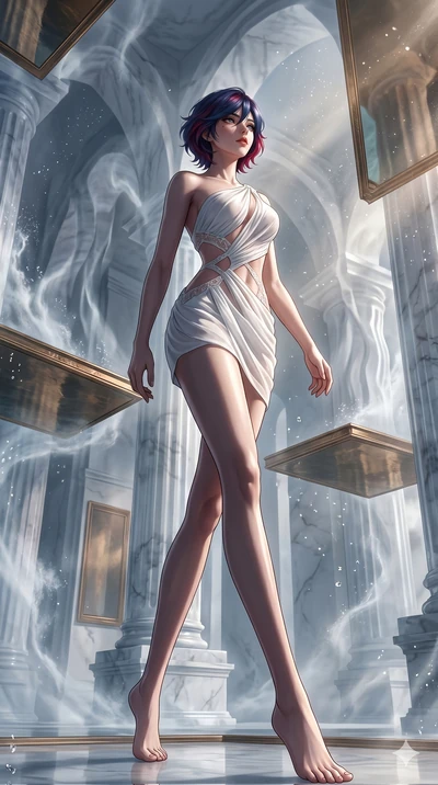 score_9, masterpiece, best quality, ultra-detailed, high-budget anime keyframe, Korean woman. low angle full-body shot filling the entire 9:16 frame with her statuesque presence, stretching the vertical silhouette. wandering through a mirage cloud ca