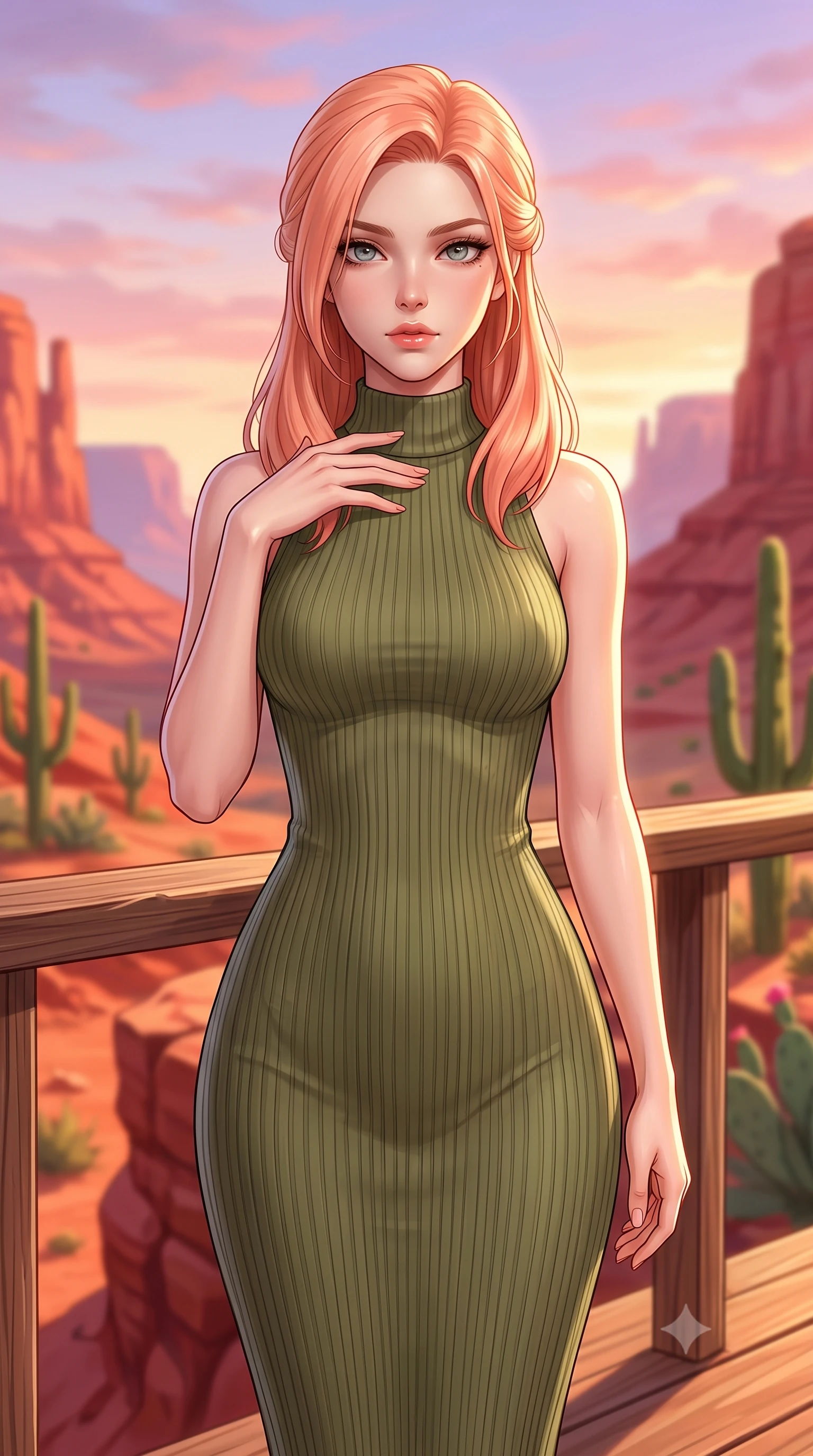 score_9, masterpiece, best quality, ultra-detailed, high-budget anime keyframe, editorial fashion photography, tasteful artistic composition, Japanese woman. close-up cowboy shot from the waist and thighs up, the character dominates the composition, filling the frame with her large presence, background elements kept in soft focus. standing with one hand resting on her collarbone, looking at the viewer with bedroom-eyes the background shows a soft-focus a private deck overlooking a red sand canyon at sunrise with clear skies. She has an exceptionally elegant, slender, and willowy female figure with an ultra-slim waist, a gracefully sculpted slender torso, and a refined silhouette. sharp v-shaped jawline, high-bridge nose, intricate jewel-like eyes with depth, thick eyelashes, glossy lips with a natural sheen. wearing a slim-fit form-contouring ribbed knit bodycon midi dress in olive green, tracing her slender silhouette with a high neck. bright morning sun highlighting the red rocks and green cacti in vivid tones. ultra-reflective glossy finish, specular highlights, metallic sheen, high-contrast stereoscopic depth, volumetric dynamic lighting, 2k, ultra detail, master piece, 9:16 ratio