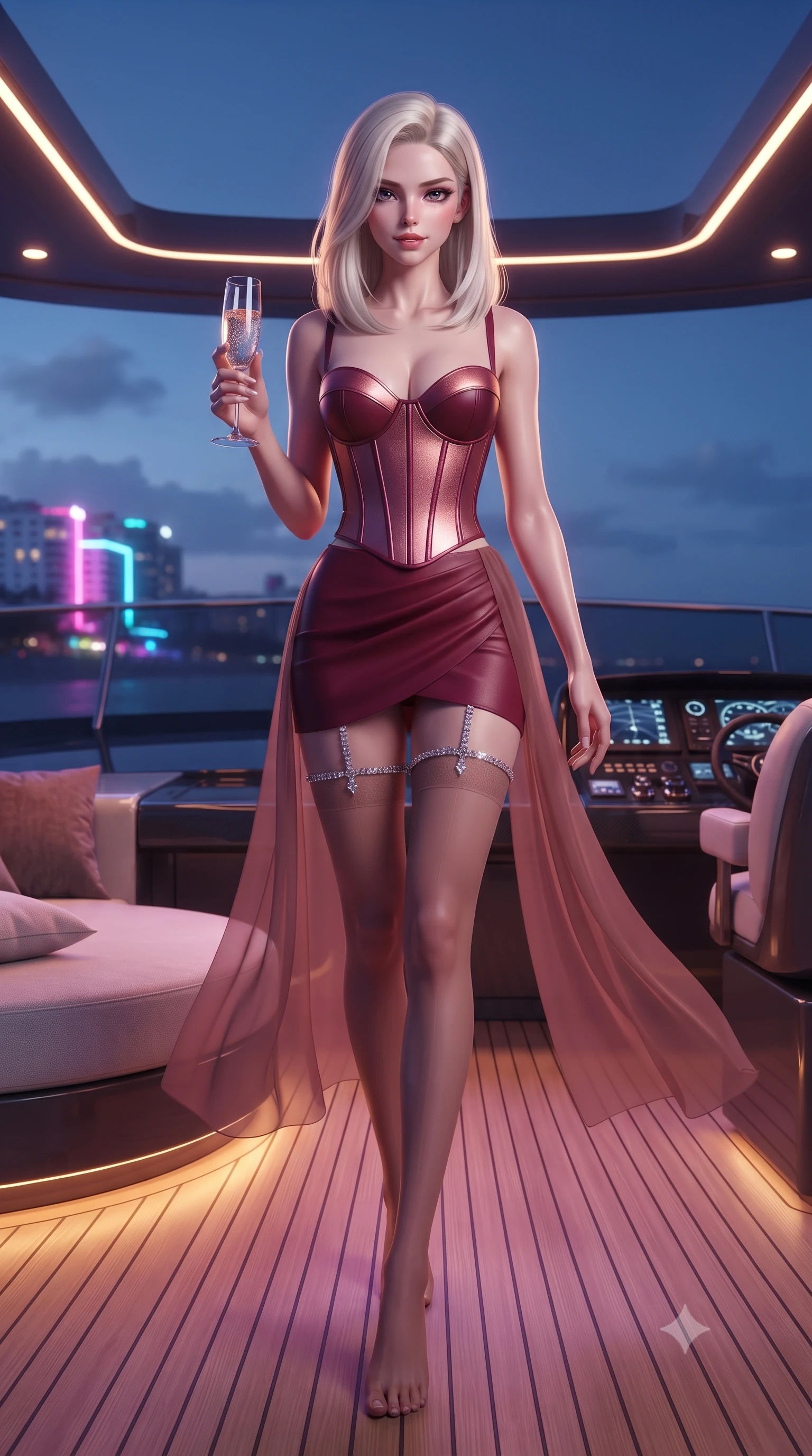 score_9, masterpiece, best quality, ultra-detailed, high-budget anime keyframe, editorial fashion photography, tasteful artistic composition, Caucasian woman. low angle full-body shot from head to toe showing her feet, filling the entire 9:16 vertical frame with her statuesque presence, stretching her vertical silhouette. stepping slowly toward the camera with hypnotic grace, hips swaying in an alluring sensual rhythm that accentuates her curvy hourglass silhouette and long slender legs while sitting perched on the circular bridge daybed with legs extended, holding a glass of vintage champagne with dangerous coquettish cool. The surrounding environment is rendered in vivid detail and crisp panoramic clarity: sharp acrylic windscreen bevels, carbon-fiber bridge console weave, and champagne flute bubble clarity in deep focus. She has an absolutely perfect, statuesque 8.5-heads proportion, an exceptionally tall and slender model-like female figure with impossibly long slender legs, an ultra-slim waist, a flat toned midriff, narrow delicate ribcage, and beautifully sculpted feminine hips creating a graceful, slim hourglass silhouette without any bulky heaviness. sharp v-shaped jawline, high-bridge nose, sparkling eyes with hypnotic seductive depth, thick curled eyelashes, glossy parted lips with a natural dewy peach sheen, alluring bedroom-eyes with an enchanting coquettish smile, exuding magnetic siren charisma and sophisticated glamour, flawlessly proportioned anatomical accuracy, strict slender model proportions, natural body alignment, perfectly sculpted long slender limbs, ultra-slim waistline, clean dynamic posture without body distortion. wearing a structured boned leatherette corset bodice paired with an ultra-short micro-wrap mini skirt and sheer thigh-high stockings in smoldering crimson wine and deep rose-gold, made of sheer gossamer chiffon that drapes softly against skin with airy translucence, finished with delicate crystal-encrusted thigh garter straps glinting in the dim light, the glove-like clinging cut tightly following the natural contour of her hips and long slender legs with youthful 8.5-heads elegance. bathed in stylish ultraviolet and amber yacht deck mood lighting mixed with distant beach club neon fill. ultra-reflective glossy finish, specular highlights, rich textural contrasts, high-contrast stereoscopic depth, volumetric dynamic lighting, 2k, ultra detail, master piece, 9:16 ratio