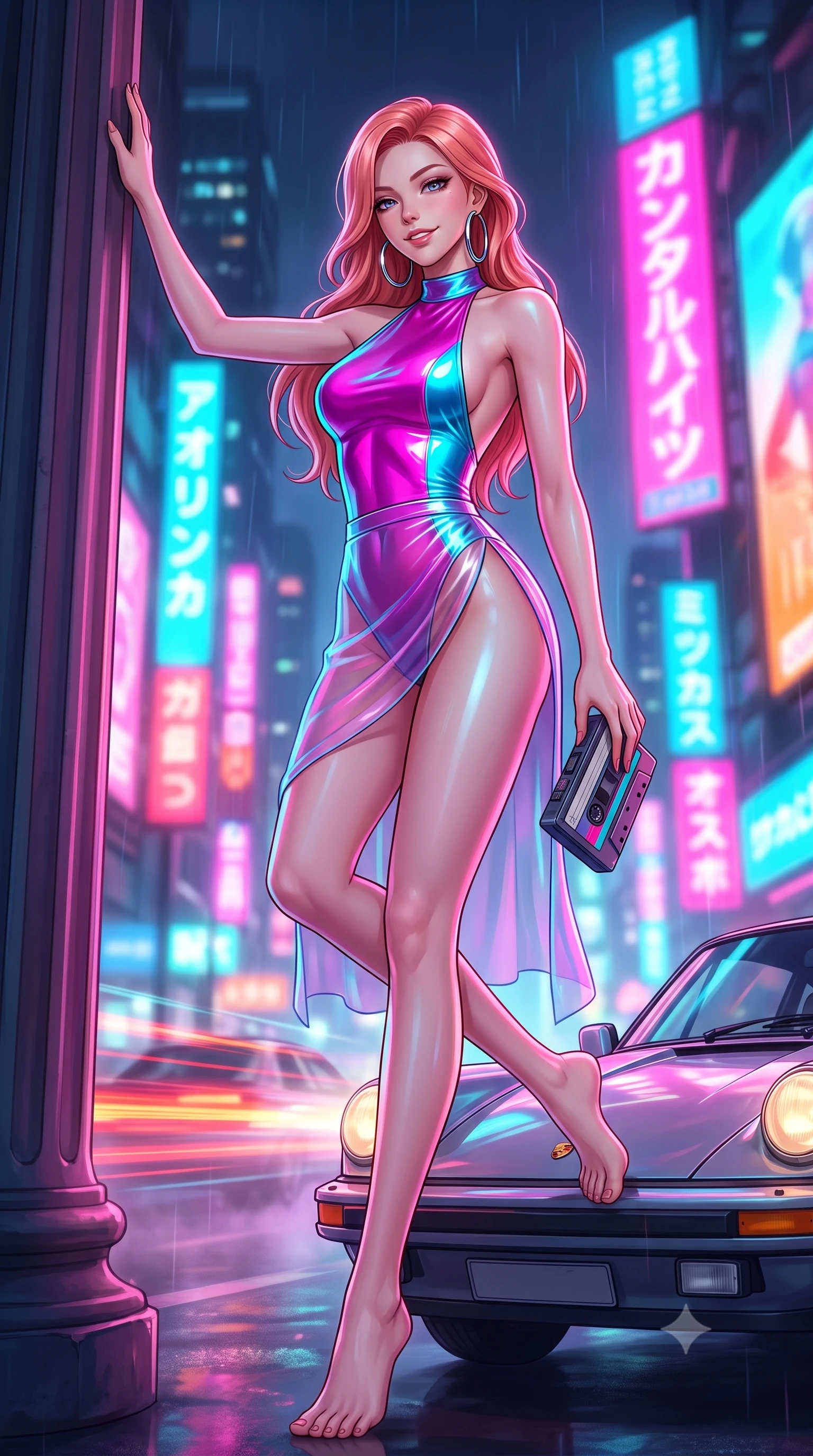 score_9, masterpiece, best quality, ultra-detailed, high-budget anime keyframe, semi-realistic 3D game render, editorial fashion photography, tasteful artistic composition, Japanese woman. low angle full-body shot from head to toe showing her feet, filling the entire 9:16 vertical frame with her statuesque presence, stretching her vertical silhouette. standing tall beside the architectural column, one hand resting high while arching her lower back to emphasize her sculpted feminine hips and slender waist while perched casually on the hood of the classic sports car with legs crossed, holding a cassette player while flashing a confident, teasing smile. The background shows a soft-focus speeding car light trails, towering neon skyscraper advertisements, and misty night rain blurred into electric fuchsia, cyan, and amber bokeh. She has an absolutely perfect, statuesque 8.5-heads proportion, an exceptionally tall and slender model-like female figure with impossibly long slender legs, an ultra-slim waist, a flat toned midriff, narrow delicate ribcage, and beautifully sculpted feminine hips creating a graceful, slim hourglass silhouette without any bulky heaviness. sharp v-shaped jawline, high-bridge nose, sparkling eyes with hypnotic seductive depth, thick curled eyelashes, glossy parted lips with a natural dewy peach sheen, alluring bedroom-eyes with an enchanting coquettish smile, exuding magnetic siren charisma and sophisticated glamour, flawlessly proportioned anatomical accuracy, strict slender model proportions, natural body alignment, perfectly sculpted long slender limbs, ultra-slim waistline, clean dynamic posture without body distortion. wearing a liquid-tight backless silk halter leotard styled with a sheer wrap overskirt revealing her long slender legs and hip curve in electric 80s magenta and neon cyan with chrome highlights, crafted from wet-look high-gloss vinyl fabric with dazzling specular surface reflections, accented with oversized polished chrome hoop earrings catching the ambient neon glow, the second-skin tailored fabric adhering flawlessly to her sculpted flat midriff and slender torso, emphasizing her long leg lines and perfectly proportioned willowy build. bathed in dynamic dual-tone neon lighting spilling from towering Japanese billboard displays. highly saturated vibrant anime colors, detailed shading with soft gradients, rich glossy textures, high-contrast stereoscopic depth, volumetric dynamic lighting, master piece, 9:16 ratio