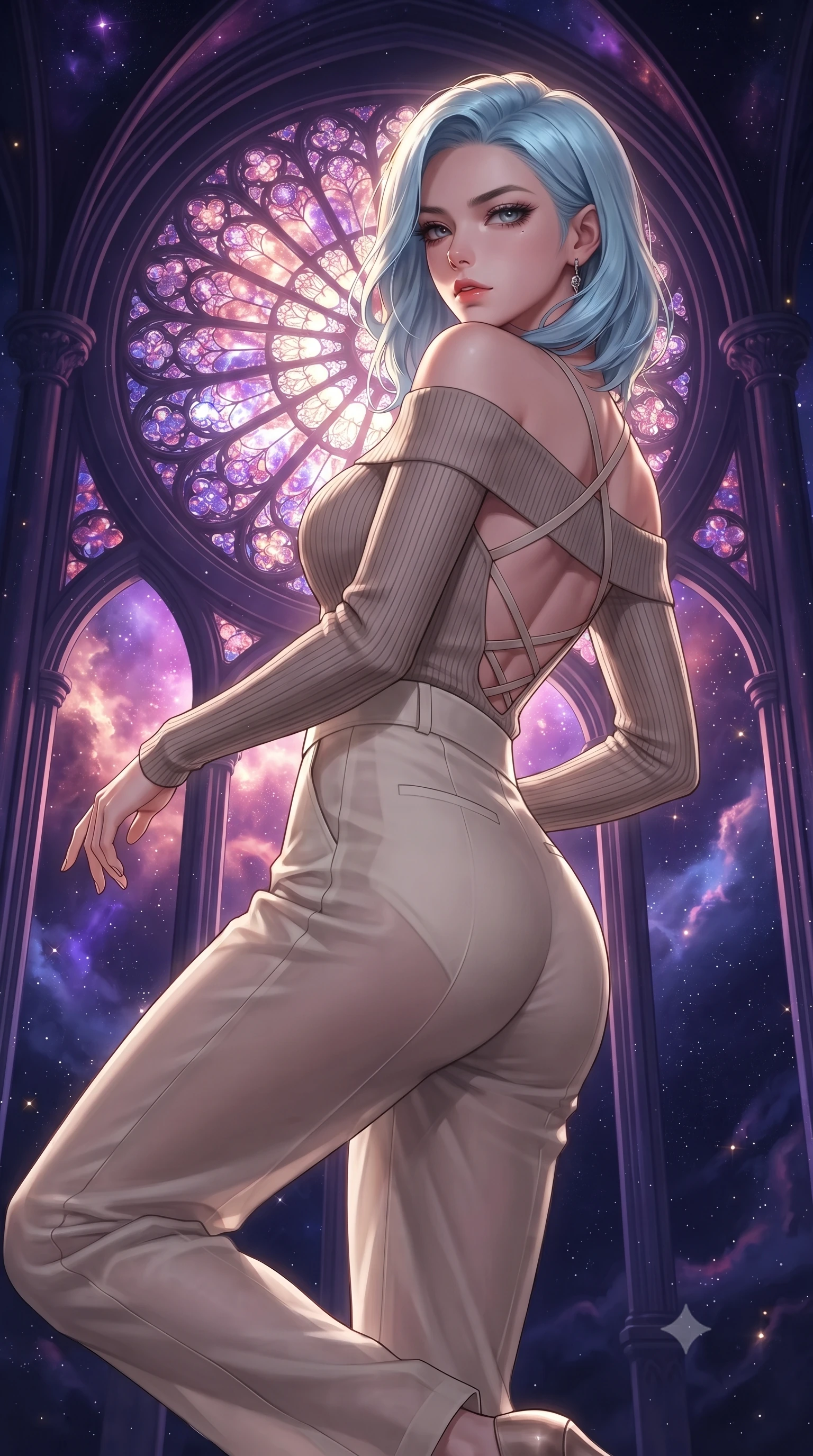 score_9, masterpiece, best quality, ultra-detailed, high-budget anime keyframe, editorial fashion photography, tasteful artistic composition, Korean woman. close-up cowboy shot from the waist and thighs up, the character dominates the composition, filling the frame with her large presence, background elements kept in soft focus. Pivoting sharply while looking back over her shoulder with heavy lashes and a confident, intense gaze while performing a mid-air rotation in front of a giant stained glass rose window in space, vivid purple and rose-gold nebula clouds glowing through cathedral-like arches. She has an exceptionally elegant, slender, and willowy female figure with an ultra-slim waist, a gracefully sculpted slender torso, and a refined silhouette. sharp v-shaped jawline, high-bridge nose, intricate jewel-like eyes with depth, thick eyelashes, glossy lips with a natural sheen, flawlessly proportioned anatomical accuracy, natural body alignment, perfectly sculpted elegant limbs, clean dynamic posture without body distortion. wearing a sleek off-shoulder ribbed knit top paired with high-waist tailored pants in muted taupe and soft ivory, woven from fine semi-opaque sheer organza, complemented by criss-cross back straps highlighting her bare shoulders, the glove-like fit emphasizing her statuesque silhouette during motion. surrounded by a divine cosmic aura with bright golden specular rim lights. ultra-reflective glossy finish, specular highlights, metallic sheen, high-contrast stereoscopic depth, volumetric dynamic lighting, 2k, ultra detail, master piece, 9:16 ratio