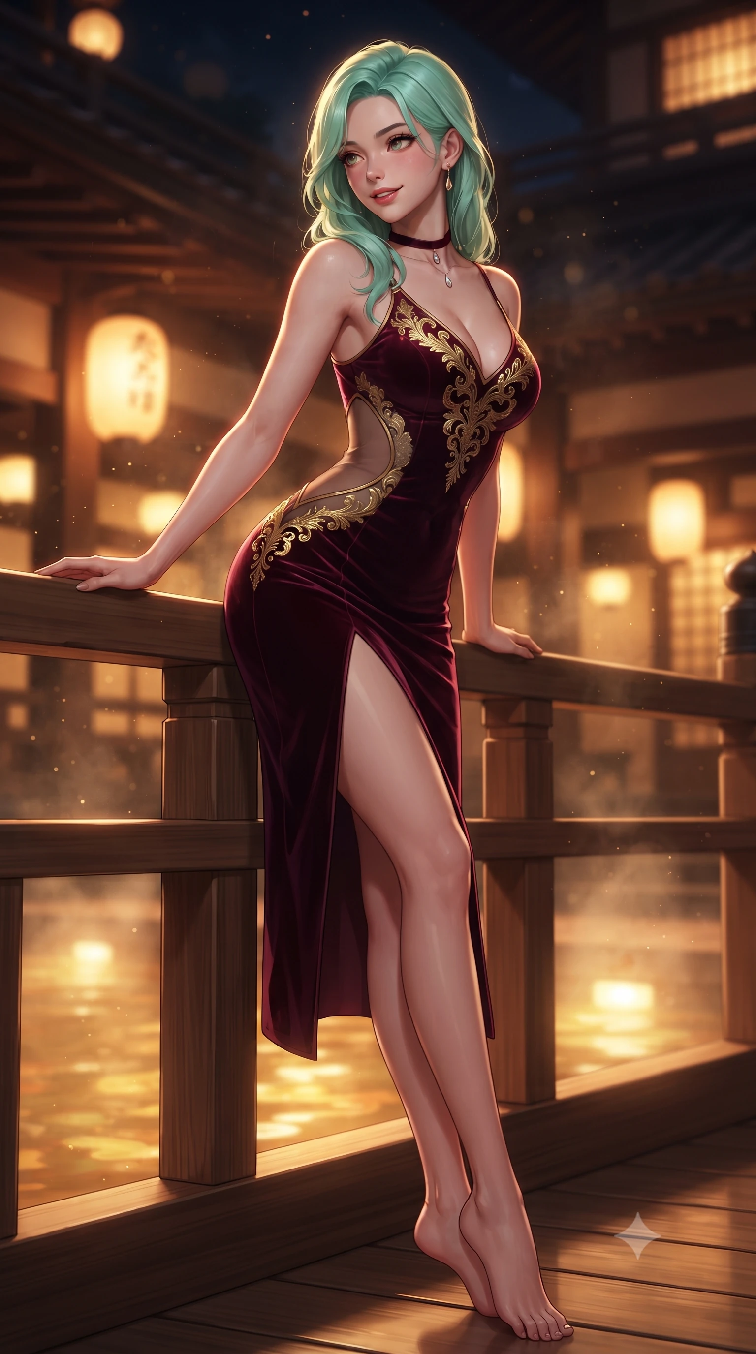 score_9, masterpiece, best quality, ultra-detailed, high-budget anime keyframe, editorial fashion photography, tasteful artistic composition, Japanese woman. low angle full-body shot from head to toe showing her feet, filling the entire 9:16 vertical frame with her statuesque presence, stretching her vertical silhouette. leaning deep against the balcony balustrade with hips cocked back in an unapologetically alluring high-fashion stance, casting an intoxicating glance while twisting her slender torso in an alluring contrapposto stance, warm mineral water droplets and glowing paper lanterns tracing her curves. The background shows a soft-focus submerged onsen underwater lights softened in authentic historic luxury shallow focus. She has an absolutely perfect, statuesque 8.5-heads proportion, an exceptionally tall and slender model-like female figure with impossibly long slender legs, an ultra-slim waist, a flat toned midriff, narrow delicate ribcage, and beautifully sculpted feminine hips creating a graceful, slim hourglass silhouette without any bulky heaviness. sharp v-shaped jawline, high-bridge nose, sparkling eyes with hypnotic seductive depth, thick curled eyelashes, glossy parted lips with a natural dewy peach sheen, alluring bedroom-eyes with an enchanting coquettish smile, exuding magnetic siren charisma and sophisticated glamour, flawlessly proportioned anatomical accuracy, strict slender model proportions, natural body alignment, perfectly sculpted long slender limbs, ultra-slim waistline, clean dynamic posture without body distortion. wearing a deep sweetheart-neckline velvet bodycon dress with sheer side-torso cutouts accentuating her hourglass curves in Belle Époque bordeaux and gilded 24k gold, made of semi-opaque stretch illusion mesh with soft shadowy contours, finished with a thin velvet ribbon choker and a single teardrop diamond pendant, the high-slit wrap tailoring accentuating her ultra-slim waistline and the enchanting curve of her feminine hips with alluring seductive charm. illuminated by steam particle light scatter and sharp crimson-gold rim lights defining her delicate clavicles, ultra-slim waist, and curvy hips. ultra-reflective glossy finish, specular highlights, rich textural contrasts, high-contrast stereoscopic depth, volumetric dynamic lighting, 2k, ultra detail, master piece, 9:16 ratio