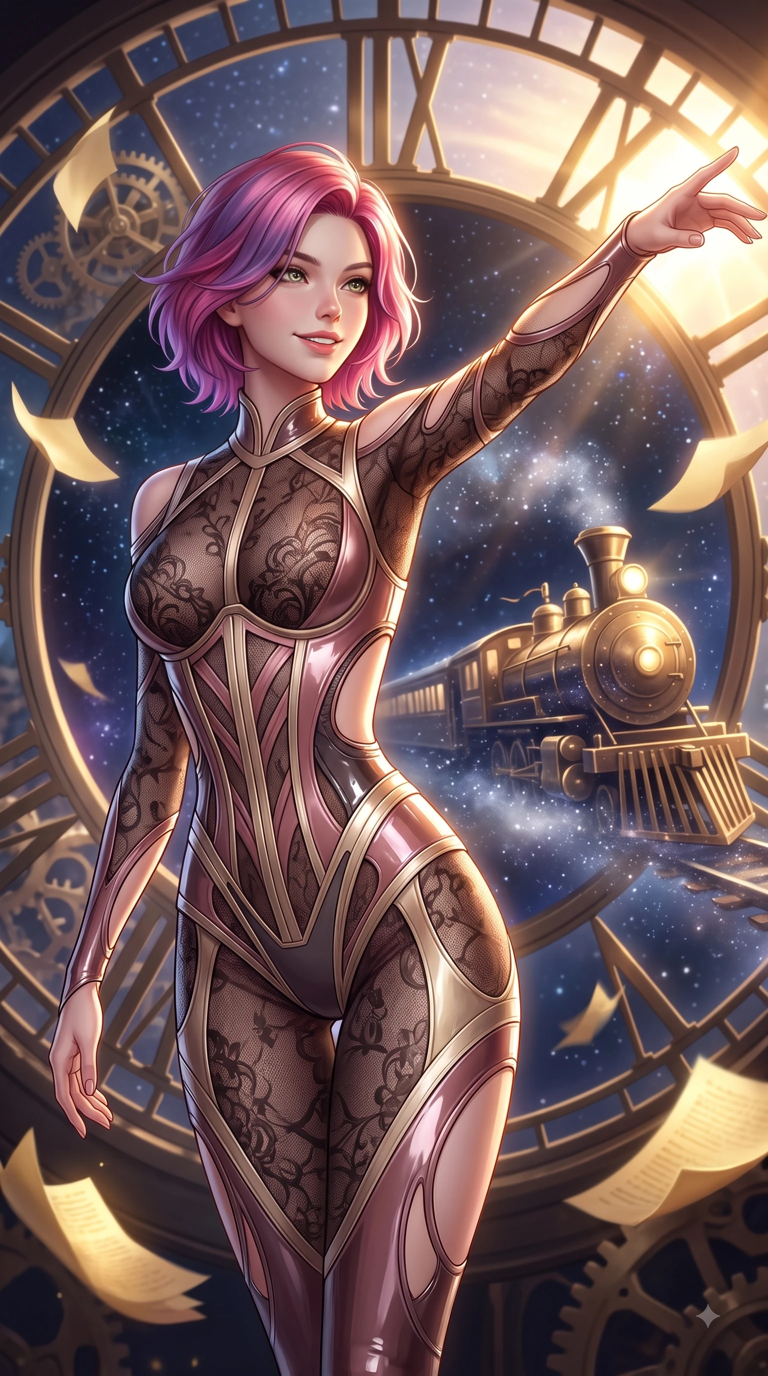 score_9, masterpiece, best quality, ultra-detailed, high-budget anime keyframe, editorial fashion photography, tasteful artistic composition, Caucasian woman. close-up cowboy shot from the waist and thighs up, the character dominates the composition, filling the frame with her large presence, background elements kept in soft focus. Extending one arm in an elegant stretch toward the light while smiling with magnetic self-assurance while gazing out a circular clock window at a galaxy express train passing through starlight mist, golden paper pages fluttering gently around her in a magical twilight breeze. She has an exceptionally elegant, slender, and willowy female figure with an ultra-slim waist, a gracefully sculpted slender torso, and a refined silhouette. sharp v-shaped jawline, high-bridge nose, intricate jewel-like eyes with depth, thick eyelashes, glossy lips with a natural sheen, flawlessly proportioned anatomical accuracy, natural body alignment, perfectly sculpted elegant limbs, clean dynamic posture without body distortion. wearing a sheer dark lace pattern bodysuit with structured corsetry boning in dusty rose and champagne gold, tailored from high-gloss patent leather, featuring clean architectural cutouts along her slender torso, the form-contouring material highlighting her ultra-slim waist and long lines. illuminated by a brilliant golden hour glow filtering through clockwork dials. ultra-reflective glossy finish, specular highlights, metallic sheen, high-contrast stereoscopic depth, volumetric dynamic lighting, 2k, ultra detail, master piece, 9:16 ratio