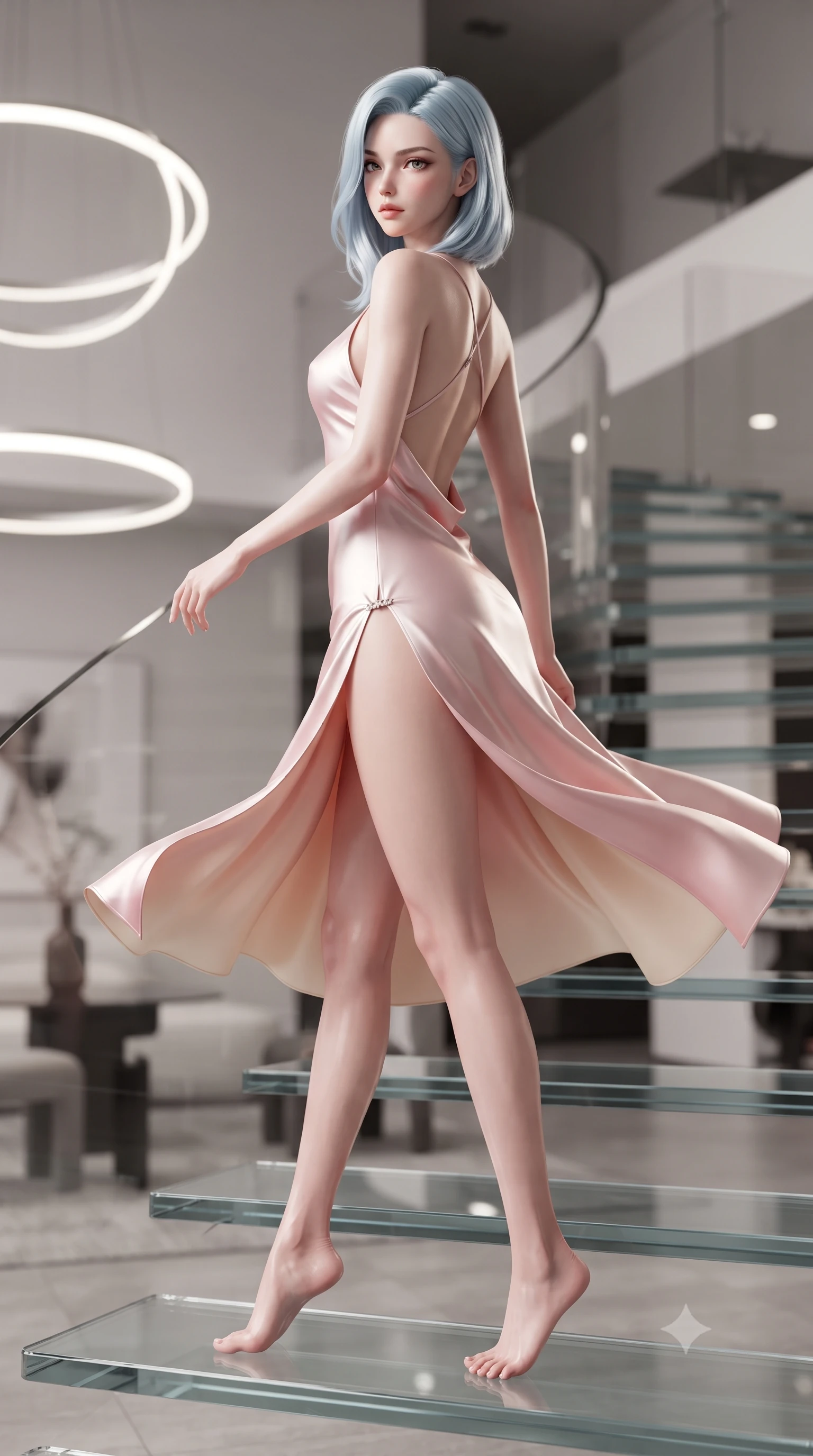 score_9, masterpiece, best quality, ultra-detailed, high-budget anime keyframe, editorial fashion photography, tasteful artistic composition, Korean woman. low angle full-body shot from head to toe showing her feet, filling the entire 9:16 vertical frame with her statuesque presence, stretching her vertical silhouette. executing an elegant mid-motion pivot turn as garments swirl around her slender limbs, glancing over her shoulder with an intoxicating bedroom-gaze while posing on the floating steps of a sculptural glass spiral staircase, arching her lower back to emphasize her curvy hips and long legs. The composition keeps background elements in soft focus with creamy bokeh. minimalist LED light rings and avant-garde furniture silhouettes blurred into sharp monochrome, champagne, and chrome bokeh. She has an exceptionally tall and slender model-like 8.5-heads proportion, an ultra-slim waist, a flat toned midriff, narrow delicate ribcage, and beautifully sculpted feminine hips creating a graceful, slim hourglass silhouette without any bulky heaviness, with impossibly long slender legs. sharp v-shaped jawline, high-bridge nose, intricate jewel-like eyes with depth, thick eyelashes, glossy parted lips with a natural sheen, intensely captivating and seductive bedroom-eyes expression, flawlessly proportioned anatomical accuracy, strict slender model proportions, natural body alignment, perfectly sculpted long slender limbs, ultra-slim waistline, clean dynamic posture without body distortion. wearing a backless cowl-neck satin slip dress featuring high-cut side hip slits and delicate criss-cross back straps in sakura blossom pink and warm ivory, tailored from ultra-smooth duchess satin with a pearlescent sheen, finished with an ultra-high side slit secured by miniature jeweled clasps, the precision-cut side openings and low-back scoop framing her graceful spine and the sensual sweep of her slim, toned hips. bathed in precise architectural LED spotlight beams and soft floor-level ambient fill. ultra-reflective glossy finish, specular highlights, rich textural contrasts, high-contrast stereoscopic depth, volumetric dynamic lighting, 2k, ultra detail, master piece, 9:16 ratio