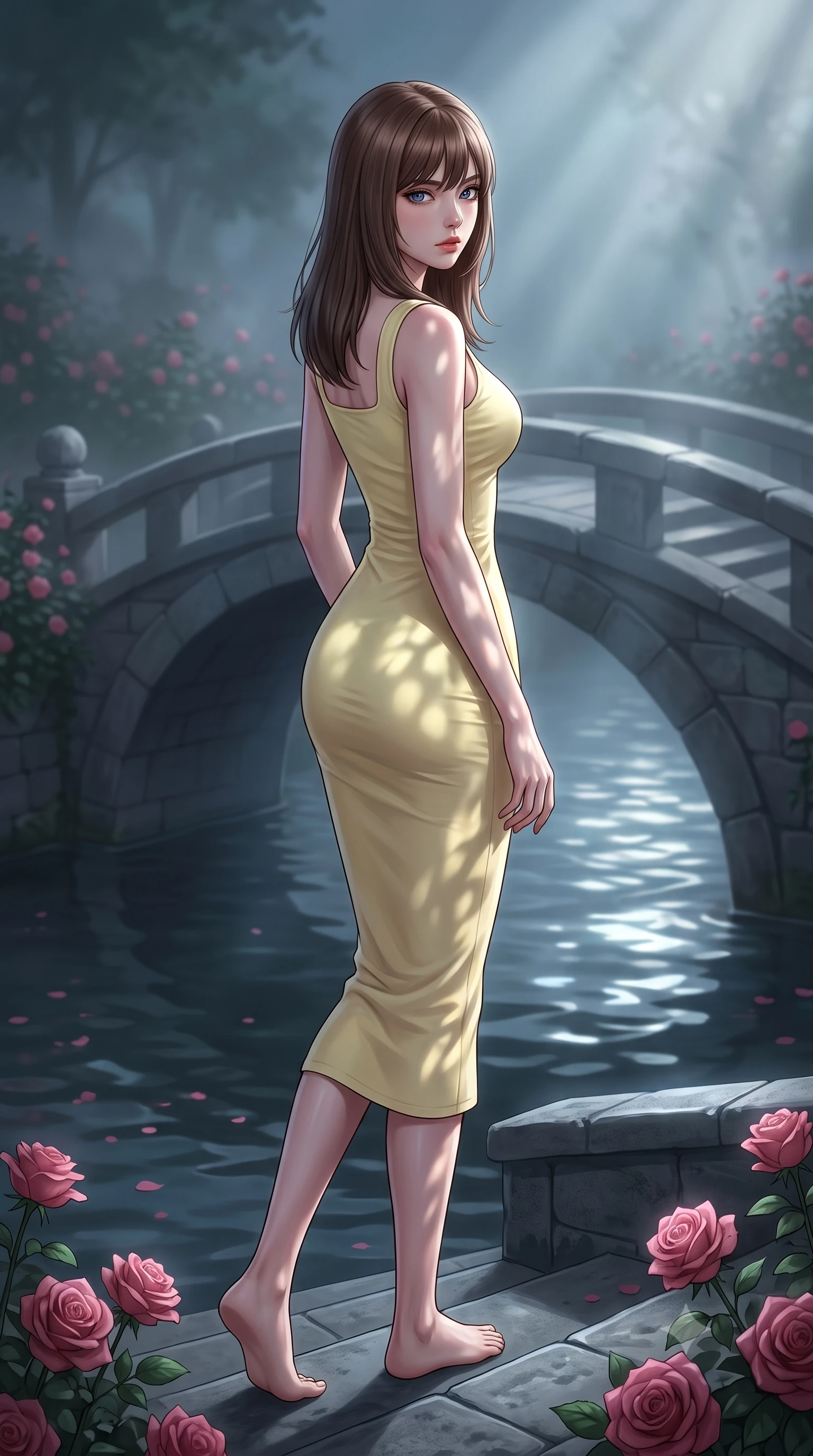 score_9, masterpiece, best quality, ultra-detailed, high-budget anime keyframe, editorial fashion photography, tasteful artistic composition, Korean woman. low angle full-body shot from head to toe showing her feet, filling the entire 9:16 vertical frame with her statuesque presence, stretching her vertical silhouette. stepping gracefully while looking back over her shoulder, her dress draped tightly to reveal her silhouette the background shows a soft-focus a misty rose garden stone bridge over a quiet dark moat at midnight. She has an absolutely perfect, statuesque 8.5-heads proportion, an exceptionally tall and slender model-like female figure with impossibly long slender legs and an ultra-slim waist. sharp v-shaped jawline, high-bridge nose, intricate jewel-like eyes with depth, thick eyelashes, glossy lips with a natural sheen. wearing a body-hugging casual summer sundress in pale yellow cotton with a simple square neckline. dappled moonbeams reflecting off moving water onto her silhouette. highly saturated vibrant anime colors, detailed shading with soft gradients, rich glossy textures, high-contrast stereoscopic depth, volumetric dynamic lighting, master piece, 9:16 ratio