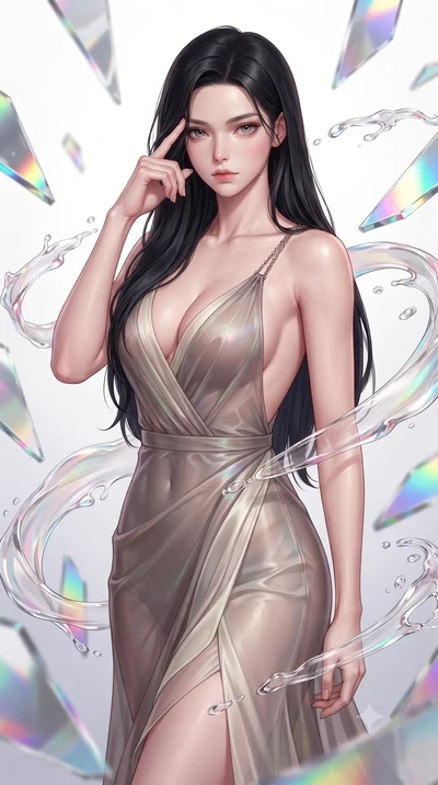 score_9, masterpiece, best quality, ultra-detailed, high-budget anime keyframe, editorial fashion photography, tasteful artistic composition, Korean woman. close-up cowboy shot from the waist and thighs up, the character dominates the composition, fi