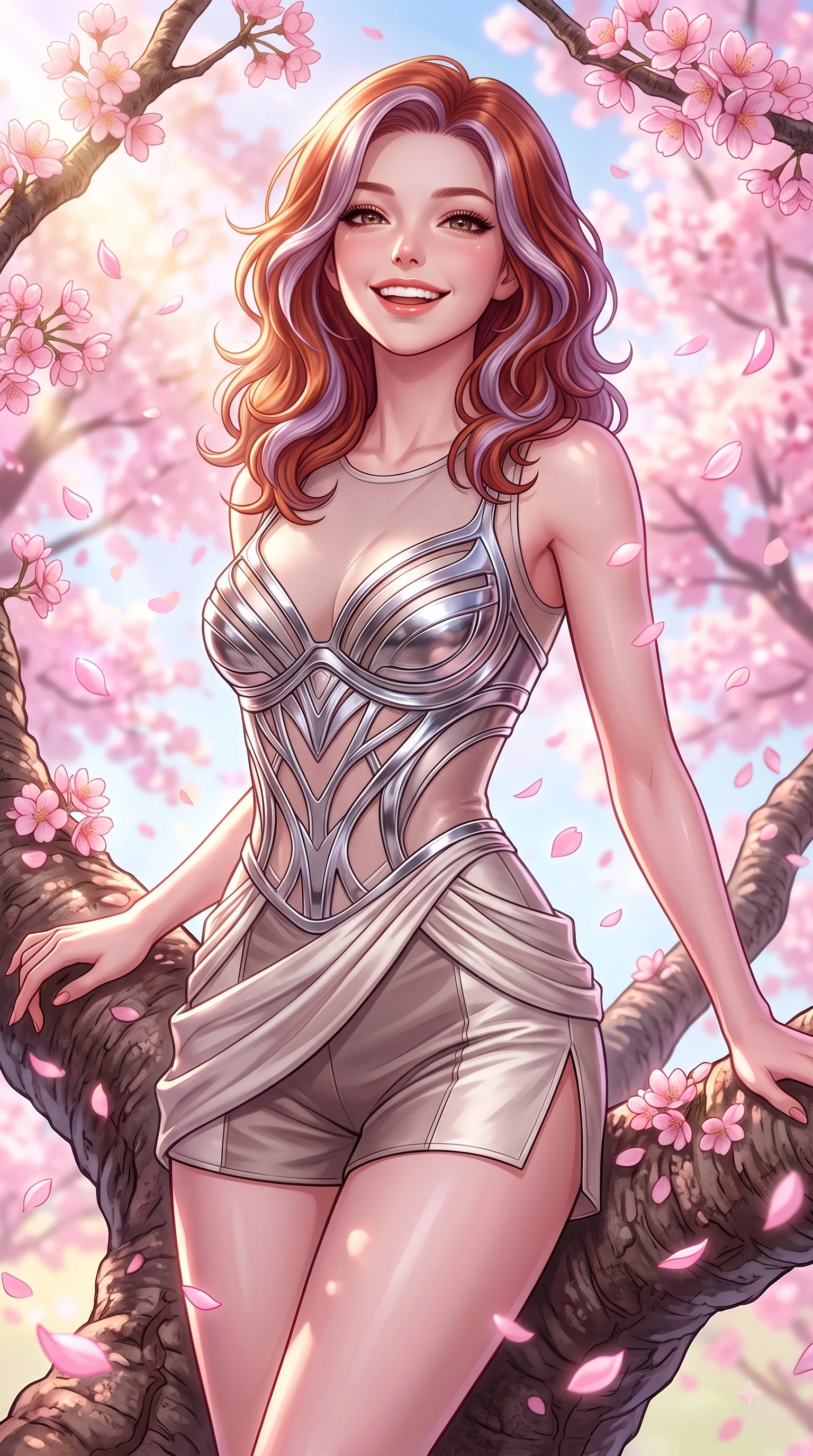 score_9, masterpiece, best quality, ultra-detailed, high-budget anime keyframe, editorial fashion photography, tasteful artistic composition, Caucasian woman. close-up cowboy shot from the waist and thighs up, the character dominates the composition, filling the frame with her large presence, background elements kept in soft focus. Tilting her chin up with a beaming smile of pure delight while balancing dynamically amidst the scene while resting cheerfully against a blooming sakura branch as golden morning sunbeams fill the air, floating pink petals drifting around her in dynamic, cheerful wind currents. She has an exceptionally elegant, slender, and willowy female figure with an ultra-slim waist, a gracefully sculpted slender torso, and a refined silhouette. sharp v-shaped jawline, high-bridge nose, intricate jewel-like eyes with depth, thick eyelashes, glossy lips with a natural sheen, flawlessly proportioned anatomical accuracy, natural body alignment, perfectly sculpted elegant limbs, clean dynamic posture without body distortion. wearing a chrome-plated structured bodice worn over a sheer mesh top and micro-shorts in muted taupe and soft ivory, crafted from lustrous satin jersey with fluid draping, finished with a sleek side slit ascending to mid-thigh, the glove-like fit emphasizing her statuesque silhouette during motion. illuminated by soft glowing pink ambient light and clear sky refractions. highly saturated vibrant anime colors, detailed shading with soft gradients, rich glossy textures, high-contrast stereoscopic depth, volumetric dynamic lighting, master piece, 9:16 ratio