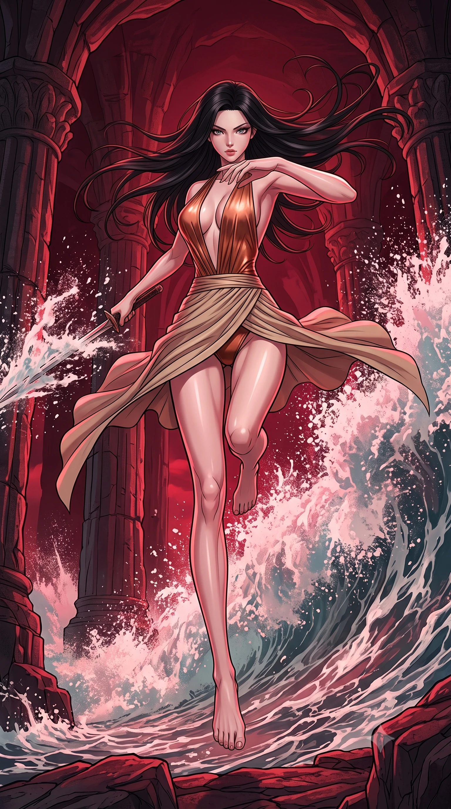 score_9, masterpiece, best quality, ultra-detailed, high-budget anime keyframe, clean line-art, cel-shading, Korean woman. low angle full-body shot from head to toe showing her feet, filling the entire 9:16 vertical frame with her statuesque presence, stretching her vertical silhouette. leaping dynamically high in the air while slicing forward with wind-whipped hair through a sea cavern where a powerful tidal wave crashes against ancient basalt pillars, filling the air with explosive sea foam. She has a statuesque 8.5-heads proportion, an exceptionally tall, slender and willowy model-like build with impossibly long legs and a highly sculpted ultra-slim waist. sharp v-shaped jawline, high-bridge nose, intricate jewel-like eyes with depth, thick eyelashes, glossy lips with a natural sheen. wearing the lightweight fabric rippling and billowing dramatically with her movement, a slim-fit metallic copper bodysuit with a deep V-cut front, paired with a flowing beige asymmetrical wrap skirt. deep crimson theatrical lighting with sharp specular highlights on every curve. highly saturated vibrant anime colors, intense vivid color palette, volumetric dynamic lighting, 2k, ultra detail, master piece, 9:16 ratio