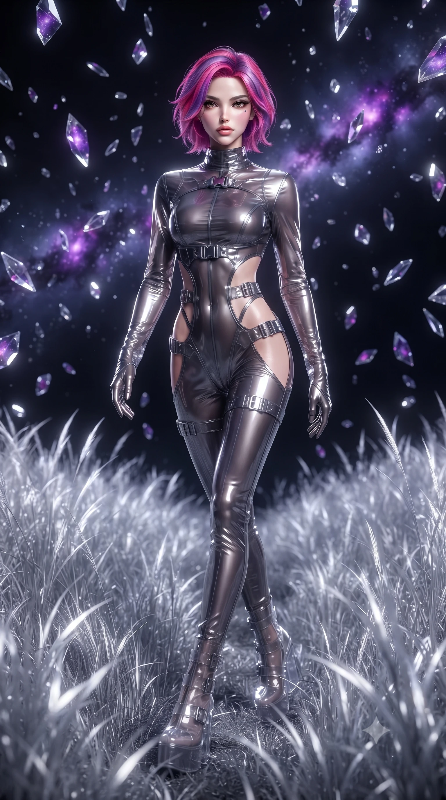 score_9, masterpiece, best quality, ultra-detailed, High-budget Anime Keyframe, editorial fashion photography, tasteful artistic composition, realistic cosplay photography, Caucasian woman, strictly human ears. Dynamic full-body shot stretching the vertical silhouette to the limit. Scenario 391: walking through a field of tall silver grass at a dark void filled with floating crystal shards reflecting purple nebulae. Her presence is magnetic and overpowering in this high-budget cinematic scene. Outfit 391: a tailored translucent PVC liquid with a strategic side cut-outs and metallic buckles. The clothing is designed to emphasize her exceptionally tall and slender 8-heads proportion. 8-heads proportion, towering silhouette, ultra-slim waist. sharp v-shaped jawline, intricate jewel-like eyes with depth, thick eyelashes, glossy lips. ultra-reflective glossy finish, specular highlights, metallic sheen, high-contrast stereoscopic depth, volumetric dynamic lighting, 2k, ultra detail, master piece, 9:16 ratio