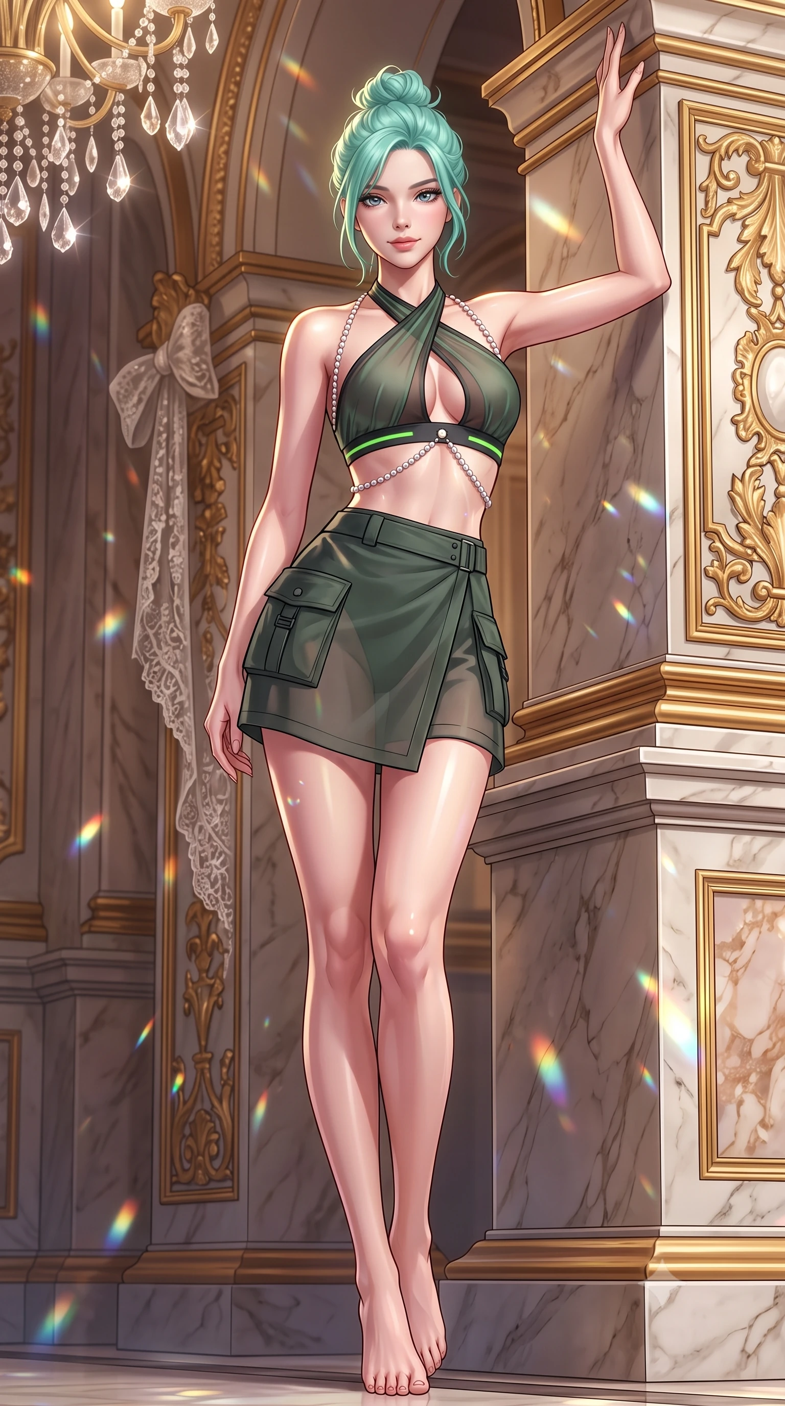 score_9, masterpiece, best quality, ultra-detailed, high-budget anime keyframe, semi-realistic 3D game render, editorial fashion photography, tasteful artistic composition, Japanese woman. low angle full-body shot from head to toe showing her feet, filling the entire 9:16 vertical frame with her statuesque presence, stretching her vertical silhouette. standing tall beside the architectural column, one hand resting high while arching her lower back to emphasize her sculpted feminine hips and slender waist while twisting her slender torso in an alluring contrapposto stance, shimmering crystal chandelier refractions dancing across her curves. The surrounding environment is rendered in vivid detail and crisp panoramic clarity: detailed ballet leotard satin weave, delicate lace ribbons, and historic French opera architecture in razor-sharp precision. She has an absolutely perfect, statuesque 8.5-heads proportion, an exceptionally tall and slender model-like female figure with impossibly long slender legs, an ultra-slim waist, a flat toned midriff, narrow delicate ribcage, and beautifully sculpted feminine hips creating a graceful, slim hourglass silhouette without any bulky heaviness. sharp v-shaped jawline, high-bridge nose, sparkling eyes with hypnotic seductive depth, thick curled eyelashes, glossy parted lips with a natural dewy peach sheen, alluring bedroom-eyes with an enchanting coquettish smile, exuding magnetic siren charisma and sophisticated glamour, flawlessly proportioned anatomical accuracy, strict slender model proportions, natural body alignment, perfectly sculpted long slender limbs, ultra-slim waistline, clean dynamic posture without body distortion. wearing a high-waisted tactical wrap mini skirt with dual utility pockets paired with a plunging criss-cross halter sports top in stealth night-vision green and carbon charcoal with neon accents, made of sheer gossamer chiffon that drapes softly against skin with airy translucence, accented with a pearl-drop body harness subtly framing her dewy collarbones and spine, the second-skin tailored fabric adhering flawlessly to her sculpted flat midriff and slender torso, emphasizing her long leg lines and perfectly proportioned willowy build. illuminated by polished marble bounce and sharp warm-gold rim lights sculpting her razor-sharp jawline, narrow waist, and curvy hips. highly saturated vibrant anime colors, detailed shading with soft gradients, rich glossy textures, high-contrast stereoscopic depth, volumetric dynamic lighting, master piece, 9:16 ratio