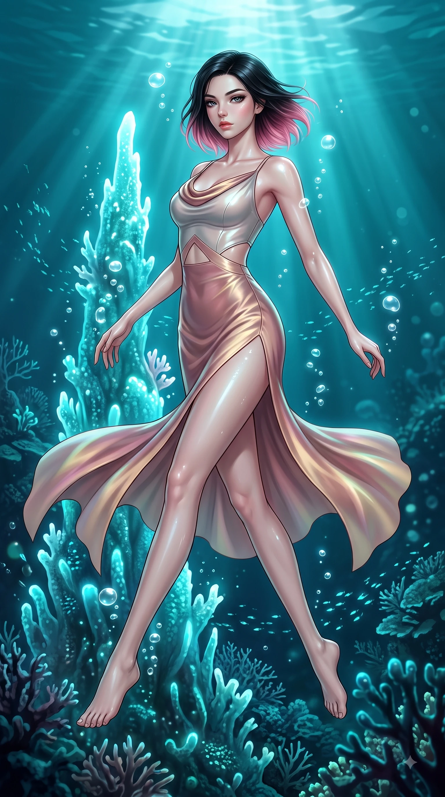 score_9, masterpiece, best quality, ultra-detailed, high-budget anime keyframe, editorial fashion photography, tasteful artistic composition, Korean woman. low angle full-body shot from head to toe showing her feet, filling the entire 9:16 vertical frame with her statuesque presence, stretching her vertical silhouette. leaping gracefully through mid-air with statuesque elegance, her impossibly long slender legs stretched in perfect balance while floating dynamically near a glowing coral spire as sunbeams penetrate deep turquoise ocean rays, rising bioluminescent bubbles casting soft pearl-like highlights on her athletic build. She has an absolutely perfect, statuesque 8.5-heads proportion, an exceptionally tall and slender model-like female figure with impossibly long slender legs and an ultra-slim waist. sharp v-shaped jawline, high-bridge nose, intricate jewel-like eyes with depth, thick eyelashes, glossy lips with a natural sheen, flawlessly proportioned anatomical accuracy, natural body alignment, perfectly sculpted elegant limbs, clean dynamic posture without body distortion. wearing an elegant cowl-neck satin midi dress with a graceful draped neckline in dusty rose and champagne gold, crafted from iridescent chiffon that shifts colors in the light, featuring subtle geometric cutouts that highlight her ultra-slim midriff, the glove-like fit emphasizing her statuesque silhouette during motion. bathed in brilliant underwater sunbeams and soft turquoise caustic glow. ultra-reflective glossy finish, specular highlights, metallic sheen, high-contrast stereoscopic depth, volumetric dynamic lighting, 2k, ultra detail, master piece, 9:16 ratio