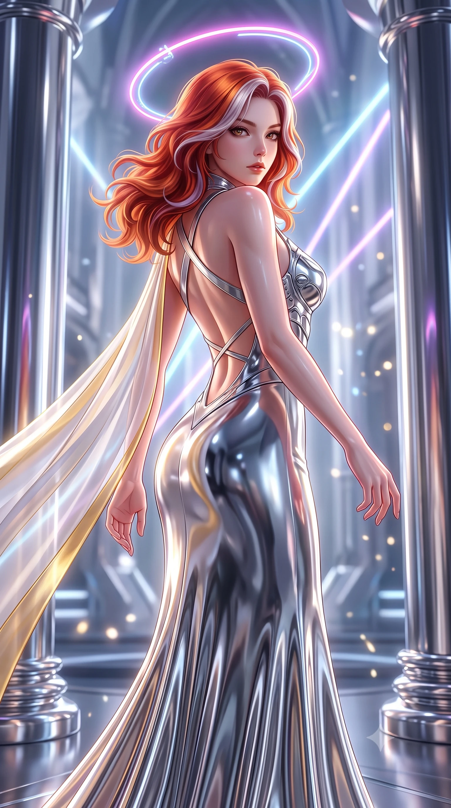 score_9, masterpiece, best quality, ultra-detailed, high-budget anime keyframe, semi-realistic 3D game render, editorial fashion photography, tasteful artistic composition, Caucasian woman. close-up cowboy shot from the waist and thighs up, the character dominates the composition, filling the frame with her large presence. stretching forward with an alluring arch of her spine, glancing over her shoulder with divine self-assurance and magnetic intensity while striding commanding between colossal polished chrome pillars in a futuristic cyber-cathedral as a floating neon halo rotates behind her head. The composition keeps background elements in soft focus with creamy bokeh. brilliant laser light beams and chrome specular glints scattering radiant motes across a soft backdrop. She has an exceptionally elegant, slender, and willowy female figure with an ultra-slim waist, a gracefully sculpted slender torso, toned flat midriff, and a refined slim silhouette. sharp v-shaped jawline, high-bridge nose, intricate jewel-like eyes with depth, thick eyelashes, glossy lips with a natural sheen, flawlessly proportioned anatomical accuracy, strict slender model proportions, natural body alignment, perfectly sculpted long slender limbs, ultra-slim waistline, clean dynamic posture without body distortion. wearing a form-contouring white liquid-mercury gown with polished silver biomechanical breastplate and flowing luminescent chiffon cape in pristine liquid pearl white and radiant solar gold trim, formed from high-gloss patent material with specular chiaroscuro reflections, complemented by criss-cross back straps highlighting her completely bare spine, the form-contouring material adhering flawlessly to her sculpted flat midriff and slender torso, emphasizing her long leg lines and perfectly proportioned willowy build. surrounded by a majestic, sacred, and breathtakingly futuristic cyber-deity atmosphere. rich saturated anime colors with glowing neon highlights, detailed shading with soft gradients, rich glossy textures, high-contrast stereoscopic depth, volumetric dynamic lighting, master piece, 9:16 ratio