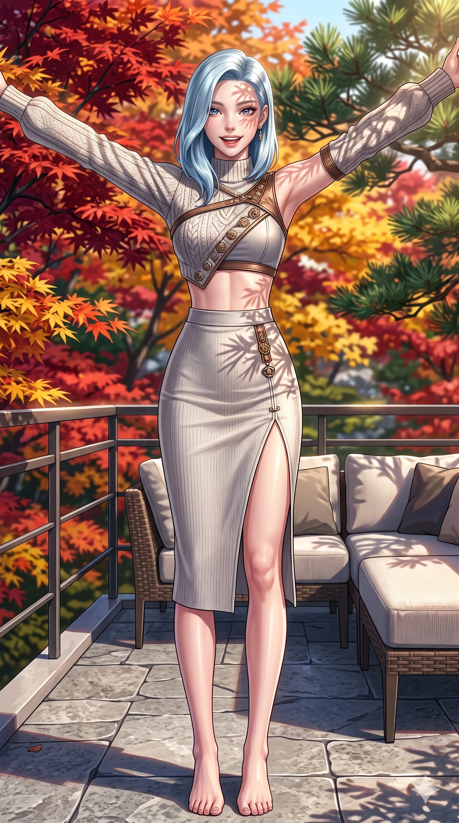 score_9, masterpiece, best quality, ultra-detailed, high-budget anime keyframe, vibrant anime aesthetic, Korean woman. cowboy shot from the thighs up, character and outfit filling the frame for maximum presence. She is posing with a joyful, energetic winter smile, stretching her arms out playfully on a hotel suite terrace with autumn maples (Code-P21-108). She has an absolutely perfect 8-heads proportion, an exceptionally tall and slender female figure with impossibly long slender legs and an ultra-slim waist. V-shaped jawline, high-bridge nose, intricate jewel-like eyes with depth, thick eyelashes, glossy lips with a natural sheen. wearing a fusion top with exposed waist and high-slit skirt in winter. She is drenched in brilliant afternoon winter sunshine, casting patterns of pine leaves over her. 2k, ultra detail, master piece, 9:16 ratio