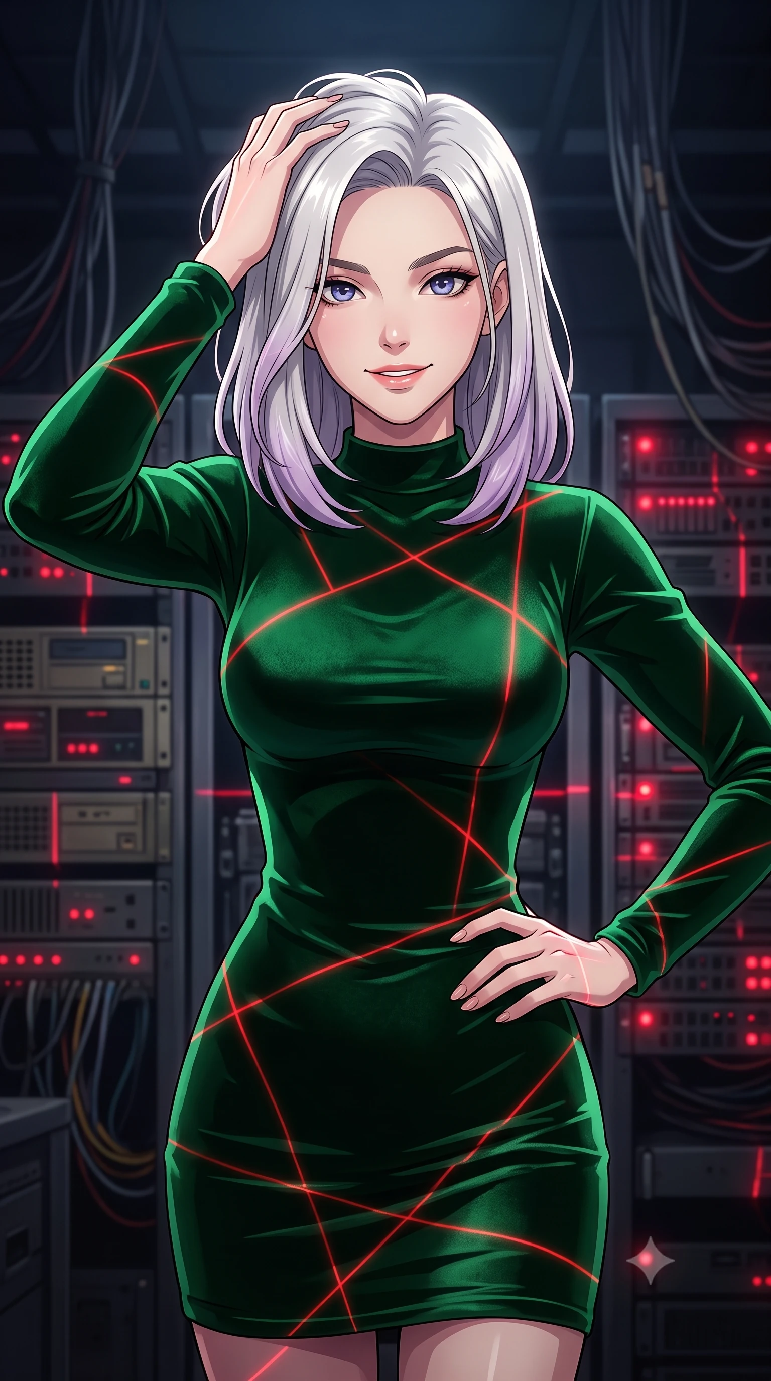 score_9, masterpiece, best quality, ultra-detailed, high-budget anime keyframe, tasteful artistic composition, Caucasian woman. close-up cowboy shot from the waist and thighs up, the character dominates the composition, filling the frame with her large presence, background elements kept in soft focus. smiling with quiet, magnetic self-assurance directly into the camera, running a hand through her hair the background shows a soft-focus an abandoned server room with blinking crimson indicator lights and hanging cable bundles. She has an exceptionally elegant, slender, and willowy female figure with an ultra-slim waist, a gracefully sculpted slender torso, and a refined silhouette. sharp v-shaped jawline, high-bridge nose, intricate jewel-like eyes with depth, thick eyelashes, glossy lips with a natural sheen. wearing a slim-fit body-hugging emerald green velvet dress with a simple mock-neck collar. low-key red laser lines casting dynamic geometric patterns on her figure. highly saturated vibrant anime colors, cel-shading, 2d style, master piece, 9:16 ratio