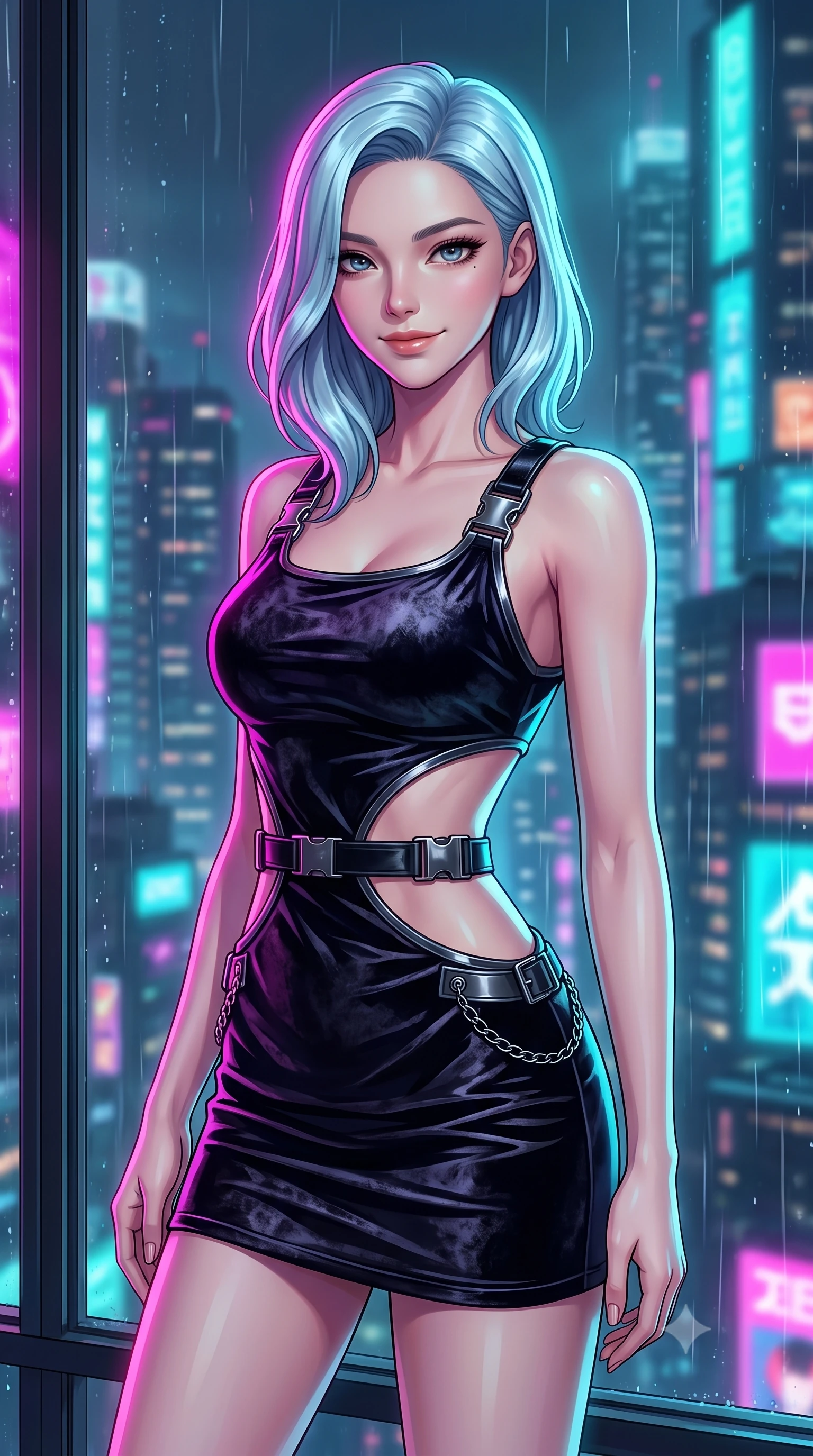 score_9, masterpiece, best quality, ultra-detailed, high-budget anime keyframe, editorial fashion photography, tasteful artistic composition, Korean woman. close-up cowboy shot from the waist and thighs up, the character dominates the composition, filling the frame with her large presence, background elements kept in soft focus. Smiling with quiet, magnetic self-assurance directly into the camera, poised near a rain-streaked panoramic window looking out over a neon metropolis, chic urban cyberpunk allure with intense visual presence. She has an exceptionally elegant, slender, and willowy female figure with an ultra-slim waist, a gracefully sculpted slender torso, and a refined silhouette. sharp v-shaped jawline, high-bridge nose, intricate jewel-like eyes with depth, thick eyelashes, glossy lips with a natural sheen. wearing dramatic architectural open-waist cutout mini dress in dark velvet framed by chrome hardware in metallic dark silver, made of crushed dark silk velvet, framed by dark titanium buckles and silver chain details, the fitted fabric emphasizing her ultra-slim waist. illuminated by vibrant magenta and cyan neon rim light against pitch-black leather. highly saturated vibrant anime colors, detailed shading with soft gradients, rich glossy textures, high-contrast stereoscopic depth, volumetric dynamic lighting, master piece, 9:16 ratio