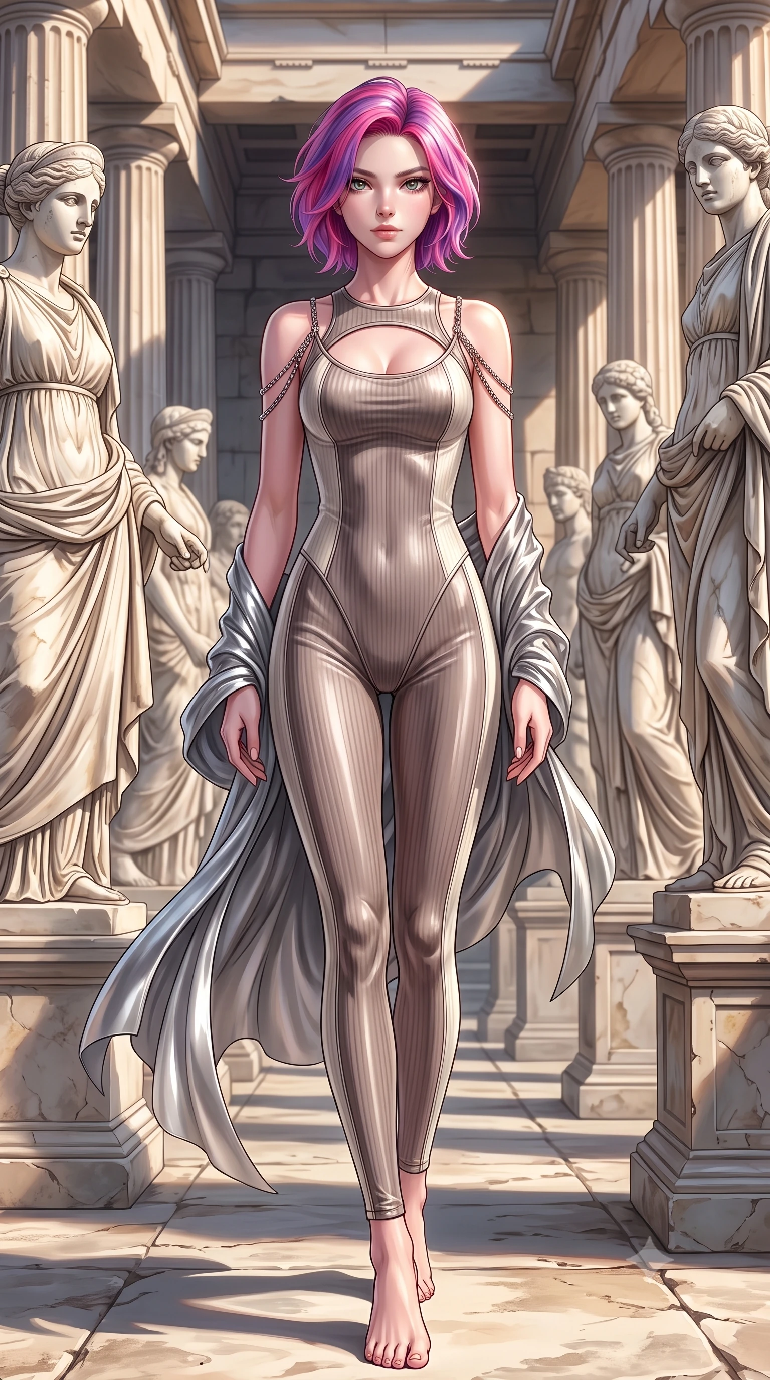score_9, masterpiece, best quality, ultra-detailed, high-budget anime keyframe, editorial fashion photography, tasteful artistic composition, Caucasian woman. low angle full-body shot from head to toe showing her feet, filling the entire 9:16 vertical frame with her statuesque presence, stretching her vertical silhouette. stepping forward with proud posture, filling the vertical frame with her magnetic presence standing among classical Greek marble statues in an open-air sunlit acropolis, draped metallic fabric echoing the graceful carved folds of classical sculptures. She has an absolutely perfect, statuesque 8.5-heads proportion, an exceptionally tall and slender model-like female figure with impossibly long slender legs and an ultra-slim waist. sharp v-shaped jawline, high-bridge nose, intricate jewel-like eyes with depth, thick eyelashes, glossy lips with a natural sheen. wearing a form-fitting ribbed activewear set with collar cutouts in muted taupe and soft ivory, made of premium stretch velvet with a rich sheen, adorned with delicate metallic chain straps along the neckline, the sleek second-skin texture accentuating her magnetic presence. surrounded by a noble, timeless acropolis radiance. highly saturated vibrant anime colors, detailed shading with soft gradients, rich glossy textures, high-contrast stereoscopic depth, volumetric dynamic lighting, master piece, 9:16 ratio