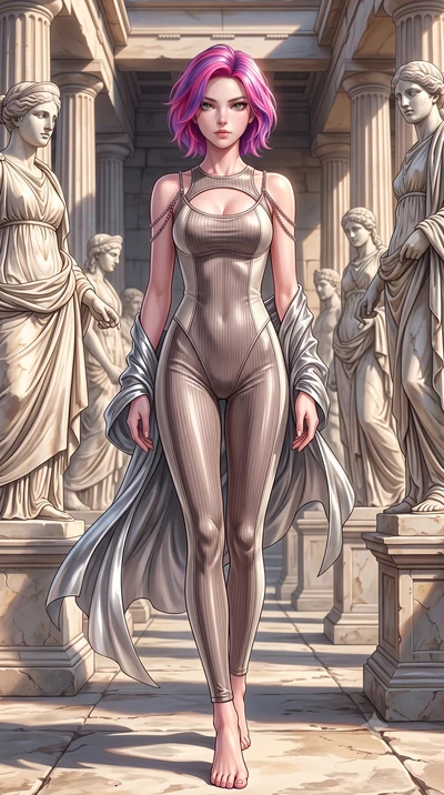 score_9, masterpiece, best quality, ultra-detailed, high-budget anime keyframe, editorial fashion photography, tasteful artistic composition, Caucasian woman. low angle full-body shot from head to toe showing her feet, filling the entire 9:16 vertica
