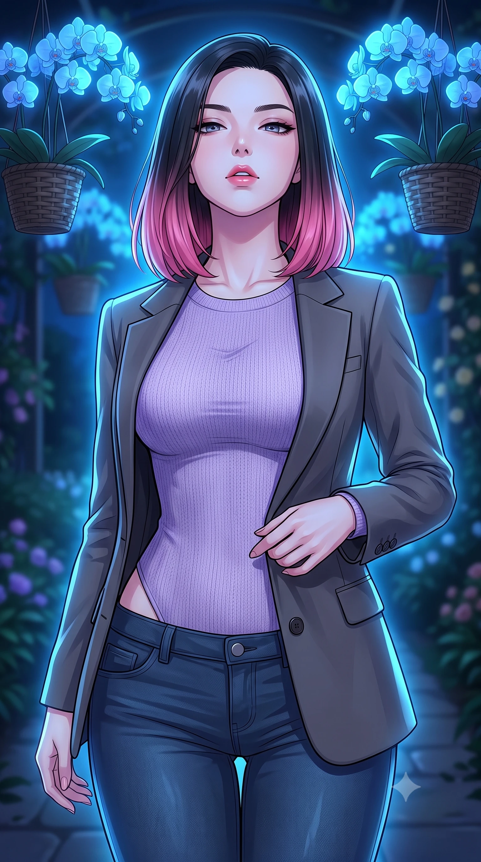 score_9, masterpiece, best quality, ultra-detailed, high-budget anime keyframe, tasteful artistic composition, Korean woman. close-up cowboy shot from the waist and thighs up, the character dominates the composition, filling the frame with her large presence, background elements kept in soft focus. tilting her chin up slightly with lips parted in a composed, provocative expression the background shows a soft-focus a private garden pathway under hanging baskets of glowing blue orchids at night. She has an exceptionally elegant, slender, and willowy female figure with an ultra-slim waist, a gracefully sculpted slender torso, and a refined silhouette. sharp v-shaped jawline, high-bridge nose, intricate jewel-like eyes with depth, thick eyelashes, glossy lips with a natural sheen. wearing a form-contouring tight-fitting lavender knit bodysuit worn under a tailored open blazer and jeans. soft blue bioluminescent light making her skin luminously glow against the dark. highly saturated vibrant anime colors, cel-shading, 2d style, master piece, 9:16 ratio