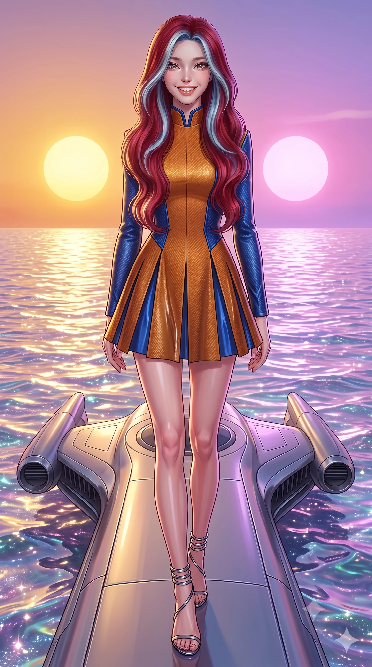score_9, masterpiece, best quality, ultra-detailed, high-budget anime keyframe, editorial fashion photography, tasteful artistic composition, Caucasian woman. low angle full-body shot from head to toe showing her feet, filling the entire 9:16 vertical frame with her statuesque presence, stretching her vertical silhouette. stepping slowly toward the camera with hypnotic grace, hips swaying in an alluring sensual rhythm that accentuates her curvy hourglass silhouette and long slender legs while standing poised on the aerodynamic titanium pontoon suspended over the iridescent waves of the sentient liquid ocean, arching her back with siren allure. The surrounding environment is rendered in vivid detail and crisp panoramic clarity: detailed haute-couture texture, wet-look liquid fabric drape, and sleek aerodynamic pontoon architecture in razor-sharp precision. She has an exceptionally tall and slender model-like 8.5-heads proportion, an ultra-slim waist, a flat toned midriff, narrow delicate ribcage, and beautifully sculpted feminine hips creating a graceful, slim hourglass silhouette without any bulky heaviness, with impossibly long slender legs. sharp v-shaped jawline, high-bridge nose, intricate jewel-like sparkling eyes with depth, thick eyelashes, glossy parted lips with a natural peach sheen, bright cheerful beaming smile with an enchanting and coquettish sensual glint, exuding both youthful cute charm and seductive allure, flawlessly proportioned anatomical accuracy, strict slender model proportions, natural body alignment, perfectly sculpted long slender limbs, ultra-slim waistline, clean dynamic posture without body distortion. wearing a structured deep-space commander dress uniform with stand-up mandarin collar and pleated A-line skirt in Jovian amber and electric storm cobalt, woven from structured carbon-fiber jacquard with rich textural depth, complemented by strappy stiletto sandals with metallic ankle wraps accentuating her slender calves, the impeccably tailored cut draping gracefully along her slender figure with aristocratic poise. bathed in the surreal dual illumination of twin setting suns—one golden amber, one lavender rose. ultra-reflective glossy finish, specular highlights, rich textural contrasts, high-contrast stereoscopic depth, volumetric dynamic lighting, 2k, ultra detail, master piece, 9:16 ratio