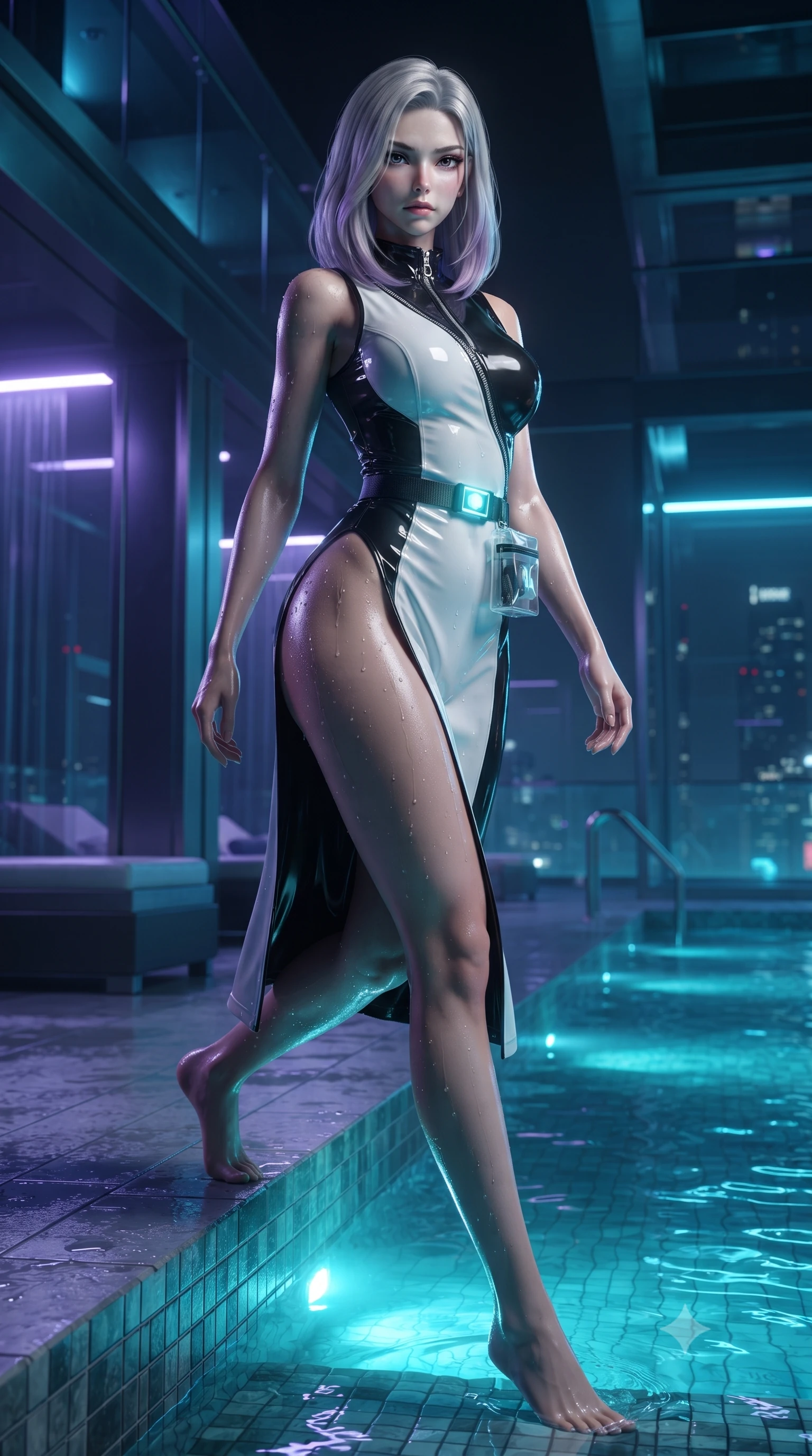 score_9, masterpiece, best quality, ultra-detailed, high-budget anime keyframe, editorial fashion photography, tasteful artistic composition, Caucasian woman. low angle full-body shot from head to toe showing her feet, filling the entire 9:16 vertical frame with her statuesque presence, stretching her vertical silhouette. striding forward in a proud supermodel runway stride, hips swaying in an alluring kinetic rhythm that accentuates her curvy hourglass silhouette while pulling herself lightly out of the pool onto the tiled ledge, water droplets glistening on her sculpted glutes and toned midriff. The surrounding environment is rendered in vivid detail and crisp panoramic clarity. high-contrast cyber-resort chiaroscuro and atmospheric midnight pool nightlife rendered in precision. She has an absolutely perfect, statuesque 8.5-heads proportion, an exceptionally tall and slender model-like female figure with impossibly long slender legs, a toned flat midriff, an ultra-slim waist, and beautifully sculpted feminine hips. sharp v-shaped jawline, high-bridge nose, intricate jewel-like eyes with depth, thick eyelashes, glossy parted lips with a natural sheen, intensely captivating and seductive bedroom-eyes expression, flawlessly proportioned anatomical accuracy, strict slender model proportions, natural body alignment, perfectly sculpted long slender limbs, ultra-slim waistline, clean dynamic posture without body distortion. wearing a form-contouring vinyl track dress with diagonal zipper detailing and an ultra-high side slit in high-contrast monochrome white and glossy black, tailored from second-skin aerodynamic stretch vinyl with specular sheen, finished with a neon LED belt buckle and translucent vinyl tool pouch, the second-skin form-contouring cut accentuating her sculpted flat midriff, narrow waistline, and dramatically curvy hips without adding bulk. bathed in glowing underwater cyan LED illumination and ambient violet neon cabana downlights. ultra-reflective glossy finish, specular highlights, rich textural contrasts, high-contrast stereoscopic depth, volumetric dynamic lighting, 2k, ultra detail, master piece, 9:16 ratio