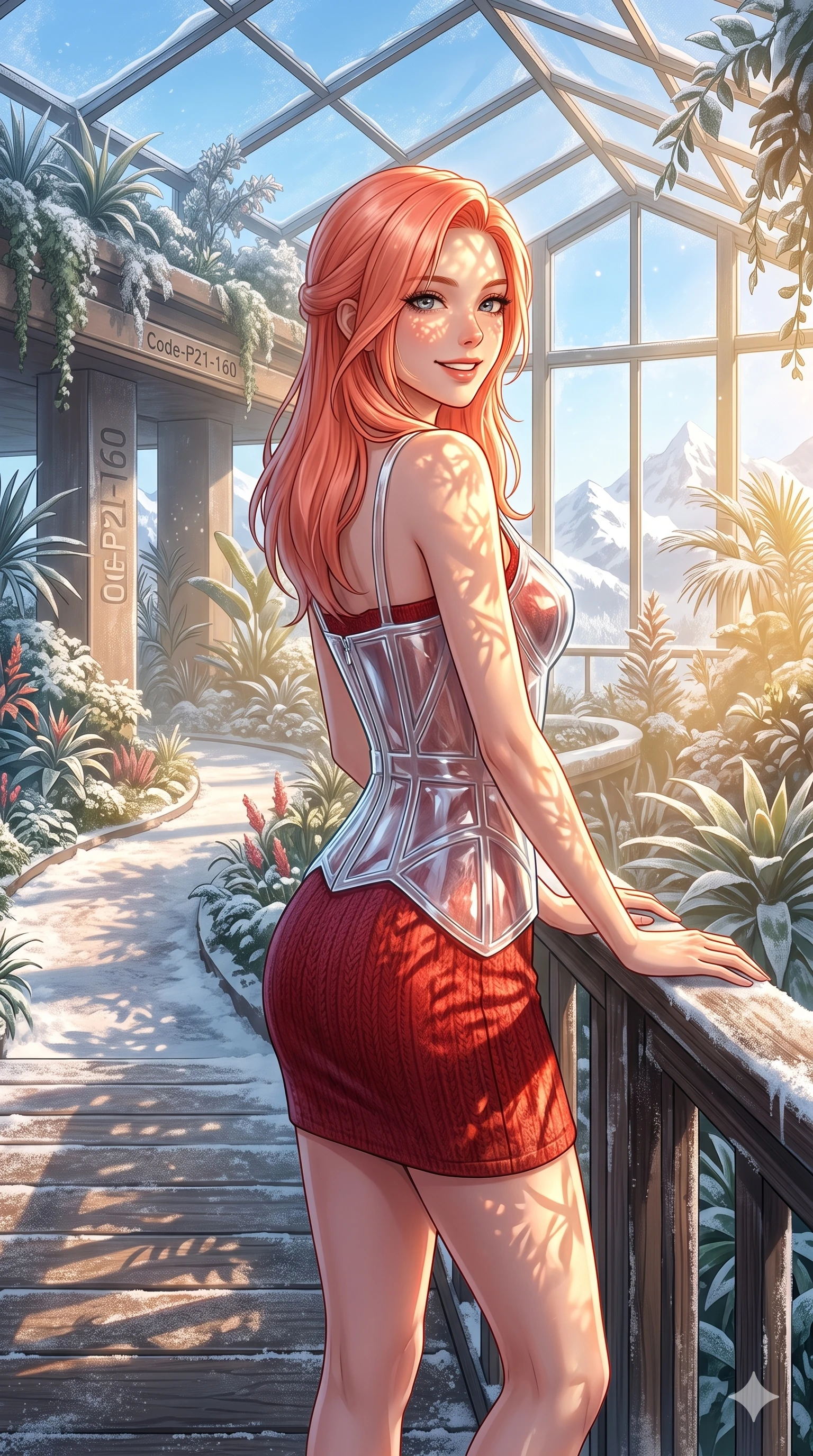 score_9, masterpiece, best quality, ultra-detailed, high-budget anime keyframe, vibrant anime aesthetic, Japanese woman. cowboy shot from the thighs up, character and outfit filling the frame for maximum presence. She is resting her hands on the chalet deck, looking over her shoulder with a happy grin standing in a botanical sanctuary at winter midday (Code-P21-160). She has an absolutely perfect 8-heads proportion, an exceptionally tall and slender female figure with impossibly long slender legs and an ultra-slim waist. V-shaped jawline, high-bridge nose, intricate jewel-like eyes with depth, thick eyelashes, glossy lips with a natural sheen. wearing a translucent gloss-finish structured bodice over a red textured knit slip dress in winter. She is drenched in brilliant morning winter sunshine, casting long warm highlights and leaf patterns. 2k, ultra detail, master piece, 9:16 ratio