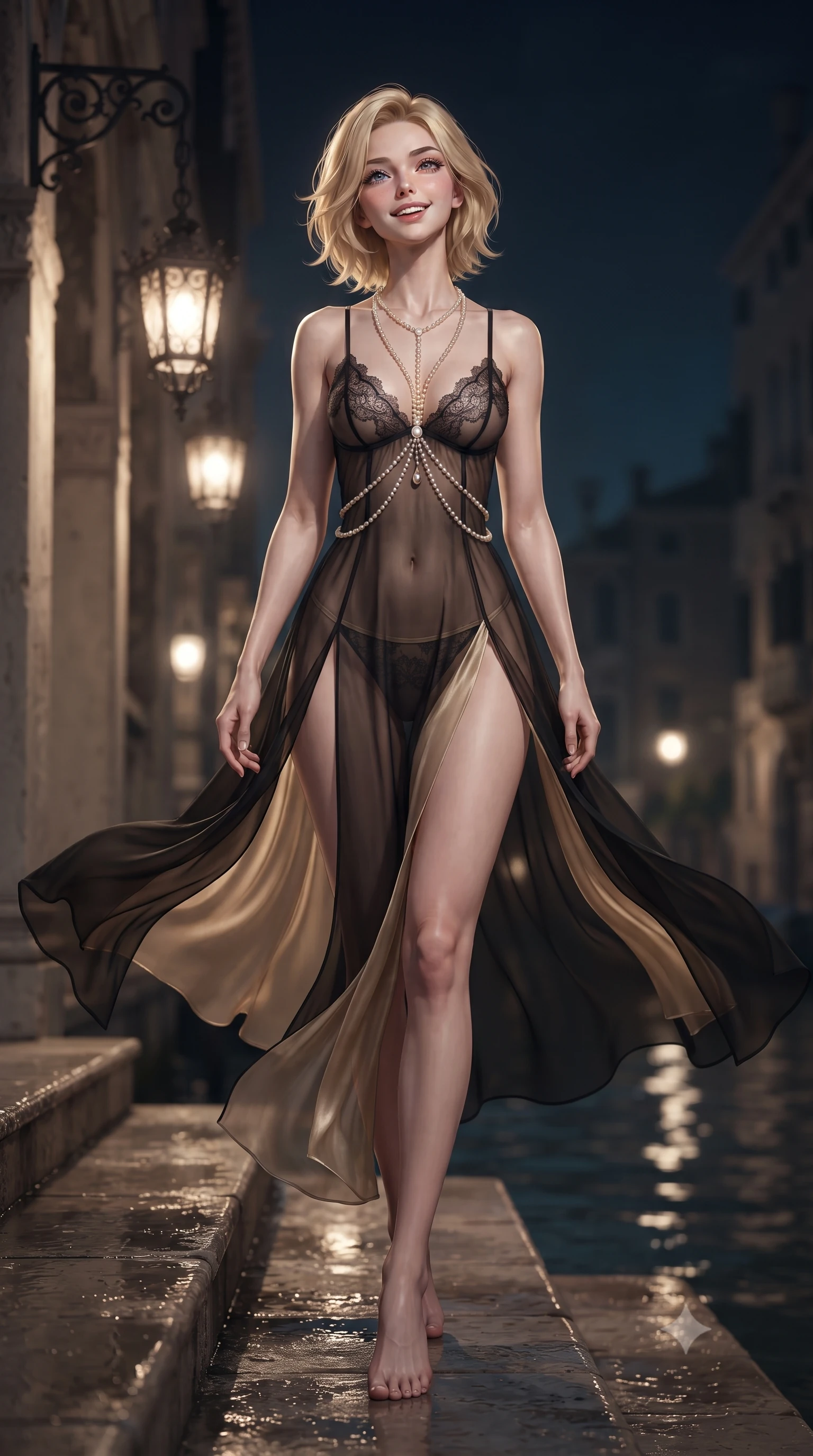 score_9, masterpiece, best quality, ultra-detailed, high-budget anime keyframe, editorial fashion photography, tasteful artistic composition, Caucasian woman. low angle full-body shot from head to toe showing her feet, filling the entire 9:16 vertical frame with her statuesque presence, stretching her vertical silhouette. sitting poised on the stone steps with one knee bent, arching her spine with supermodel elegance as she glances upward through thick eyelashes while walking slowly down the water loggia with supermodel poise, nocturnal lagoon breezes fluttering her sheer gown around her slender legs. The background shows a soft-focus hanging wrought-iron lanterns softened in romantic Venetian gothic nocturne shallow focus. She has an exceptionally tall and slender model-like 8.5-heads proportion, an ultra-slim waist, a flat toned midriff, narrow delicate ribcage, and beautifully sculpted feminine hips creating a graceful, slim hourglass silhouette without any bulky heaviness, with impossibly long slender legs. sharp v-shaped jawline, high-bridge nose, intricate jewel-like sparkling eyes with depth, thick eyelashes, glossy parted lips with a natural peach sheen, bright cheerful beaming smile with an enchanting and coquettish sensual glint, exuding both youthful cute charm and seductive allure, flawlessly proportioned anatomical accuracy, strict slender model proportions, natural body alignment, perfectly sculpted long slender limbs, ultra-slim waistline, clean dynamic posture without body distortion. wearing an alluring sheer silk chiffon slip with delicate eyelash lace cups and high side leg slits in midnight noir obsidian black and pure champagne gold, made of fluid liquid jersey with seamless sculpting hold and smooth contours, accented with a pearl-drop body harness subtly framing her dewy collarbones and spine, the high-slit wrap tailoring accentuating her ultra-slim waistline and the enchanting curve of her feminine hips with alluring seductive charm. illuminated by canal water reflection bounce and sharp champagne-gold rim lights sculpting her features, flat midriff, and slender waist. ultra-reflective glossy finish, specular highlights, rich textural contrasts, high-contrast stereoscopic depth, volumetric dynamic lighting, 2k, ultra detail, master piece, 9:16 ratio