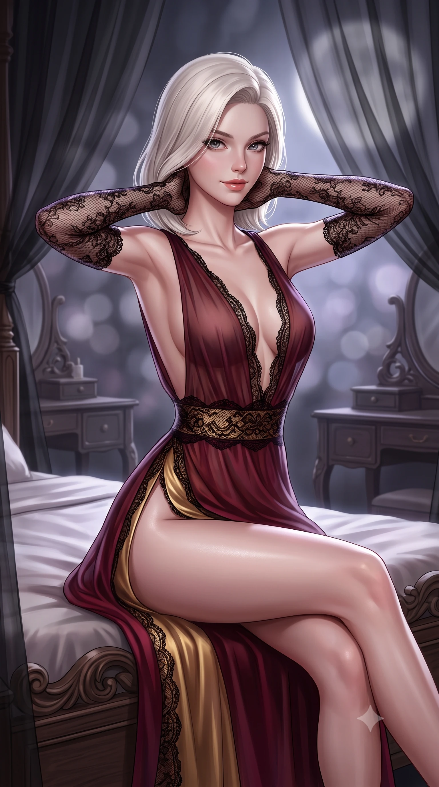 score_9, masterpiece, best quality, ultra-detailed, high-budget anime keyframe, semi-realistic 3D game render, editorial fashion photography, tasteful artistic composition, Caucasian woman. close-up cowboy shot from the waist and thighs up, the character dominates the composition, filling the frame with her large presence. resting both hands lightly behind her neck with elbows raised, arching her spine to highlight her narrow waist, flat midriff, and breathtaking collarbones while sitting perched on the edge of the antique carved four-poster bed with hips cocked back, looking over her shoulder with an intoxicating smile. The background shows a soft-focus floating sheer black organza canopy curtains, antique gothic vanities, and moonlight blurred into charcoal, lavender, and silver bokeh. She has an exceptionally elegant, slender, and willowy female figure with an ultra-slim waist, flat toned midriff, narrow ribcage, and sculpted feminine hips creating an alluring, slim hourglass silhouette without bulk. sharp v-shaped jawline, high-bridge nose, sparkling eyes with hypnotic seductive depth, thick curled eyelashes, glossy parted lips with a natural dewy peach sheen, alluring bedroom-eyes with an enchanting coquettish smile, exuding magnetic siren charisma and sophisticated glamour, flawlessly proportioned anatomical accuracy, strict slender model proportions, natural body alignment, perfectly sculpted long slender limbs, ultra-slim waistline, clean dynamic posture without body distortion. wearing a deep V-neck sheer gossamer chiffon vampire dress with an open-back scoop and dramatic flowing side leg slit in smoldering bordeaux wine and liquid gold with black chantilly lace, crafted from fluid liquid silk satin that clings smoothly to every curve with a dewy sheen, complemented by sheer opera-length lace evening gloves tracing her slender arms, the form-contouring silhouette accentuating her sculpted flat midriff, narrow delicate ribcage, and gracefully curvy hips with intoxicating allure. illuminated by silk bedding reflection fill and sharp platinum-gold rim lights defining her collarbones, narrow waist, and curvy hips. highly saturated vibrant anime colors, detailed shading with soft gradients, rich glossy textures, high-contrast stereoscopic depth, volumetric dynamic lighting, master piece, 9:16 ratio
