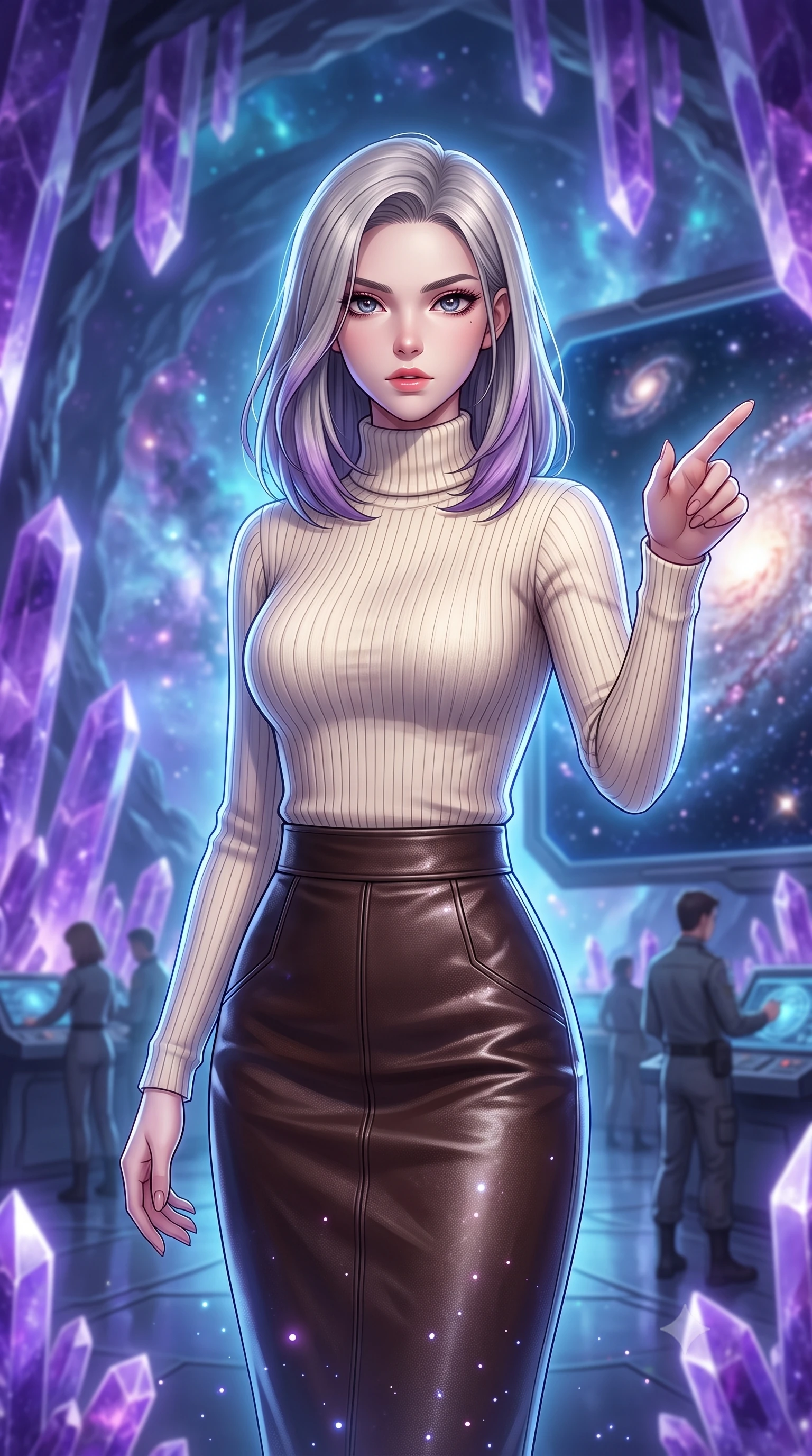 score_9, masterpiece, best quality, ultra-detailed, high-budget anime keyframe, editorial fashion photography, tasteful artistic composition, Caucasian woman, strictly human ears. close-up cowboy shot from the waist and thighs up, the character dominates the composition, filling the frame with her large presence, background elements kept in soft focus. Commanding the starship crew with a decisive gesture, pointing toward the galactic viewscreen. set against a soft-focus background of deep inside a hollow asteroid lined with purple amethyst crystal columns, nebula gas filling the cavern. She has an exceptionally elegant and slender, willowy female figure with an ultra-slim waist, a gracefully sculpted slender torso, and a refined slim physique. sharp v-shaped jawline, high-bridge nose, intricate jewel-like eyes with depth, thick eyelashes, glossy lips with a natural sheen. wearing catching and diffusing the glowing particles, shimmering softly in response to the surrounding light, a tailored cream ribbed turtleneck sweater paired with a high-waisted espresso brown leather midi skirt. highly saturated vibrant anime colors, intense vivid color palette, soft 3D volumetric shading, volumetric dynamic lighting, cool ethereal blue-violet bioluminescent glow wrapping around her from all sides. 2k, ultra detail, master piece, 9:16 ratio