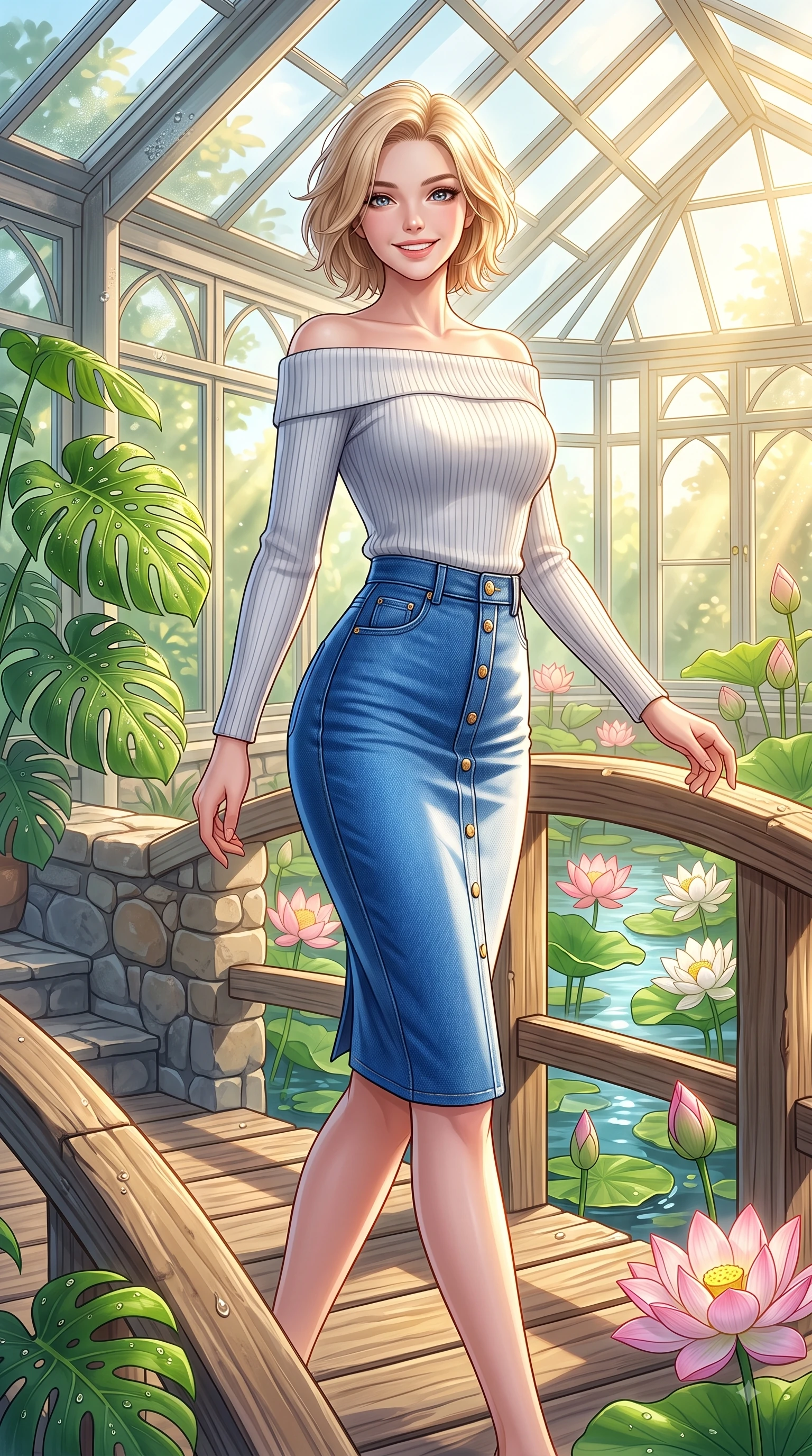 score_9, masterpiece, best quality, ultra-detailed, high-budget anime keyframe, editorial fashion photography, tasteful artistic composition, Caucasian woman. close-up cowboy shot from the waist and thighs up, the character dominates the composition, filling the frame with her large presence. Gazing directly into the camera with a fresh, infectious smile as her torso curves dynamically in mid-stride while pivoting gracefully on a wooden bridge over a lotus pond catching morning sunbeams. The surrounding environment is rendered in vivid detail and crisp panoramic clarity. dewdrops on Monstera leaves, stone bridge details, and clear glass geometric panels in crisp resolution. She has an exceptionally elegant, slender, and willowy female figure with an ultra-slim waist, a gracefully sculpted slender torso, and a refined silhouette. sharp v-shaped jawline, high-bridge nose, intricate jewel-like eyes with depth, thick eyelashes, glossy lips with a natural sheen, flawlessly proportioned anatomical accuracy, natural body alignment, perfectly sculpted elegant limbs, clean dynamic posture without body distortion. wearing a sleek off-shoulder ribbed sweater paired with a high-waisted fitted denim pencil skirt in vibrant cobalt blue and crisp snow white, knitted from soft cozy cashmere yarn, adorned with delicate gold buttons along the front, the glove-like fit emphasizing her statuesque silhouette during motion. bathed in brilliant golden sunlight filtering through conservatory glass panes. highly saturated vibrant anime colors, detailed shading with soft gradients, rich glossy textures, high-contrast stereoscopic depth, volumetric dynamic lighting, master piece, 9:16 ratio