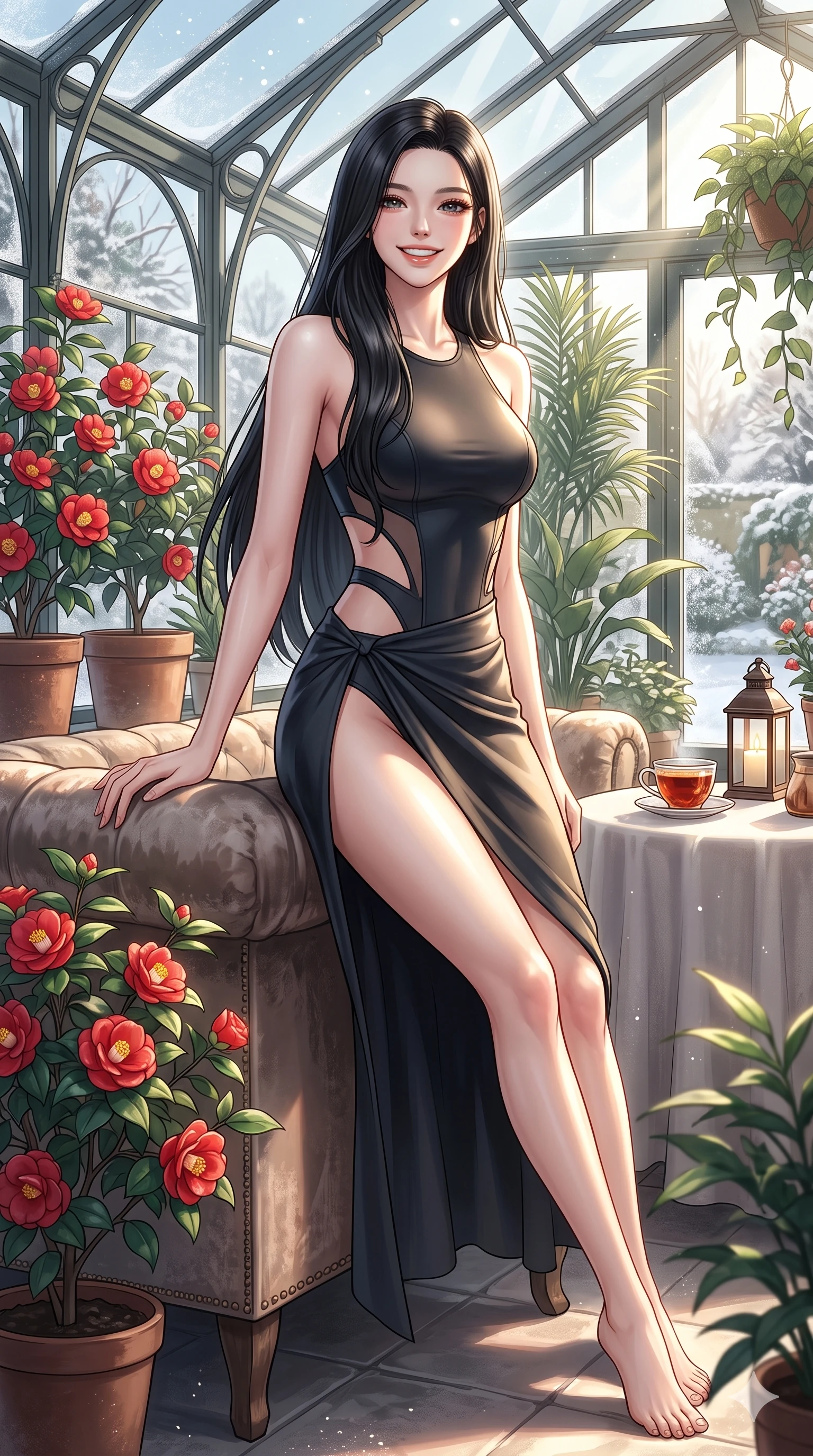 score_9, masterpiece, best quality, ultra-detailed, high-budget anime keyframe, vibrant anime aesthetic, Korean woman. cowboy shot from the thighs up, character and outfit filling the frame for maximum presence. She is leaning back against a sofa with a bright, radiant smile on her face in winter inside a conservatory room with red camellias (Code-P21-111). She has an absolutely perfect 8-heads proportion, an exceptionally tall and slender female figure with impossibly long slender legs and an ultra-slim waist. V-shaped jawline, high-bridge nose, intricate jewel-like eyes with depth, thick eyelashes, glossy lips with a natural sheen. wearing a neoprene bodysuit with side cutouts and high-slit wrap in winter. She is lit from the side by bright winter sun rays, tracing the contours of her body in the morning. 2k, ultra detail, master piece, 9:16 ratio
