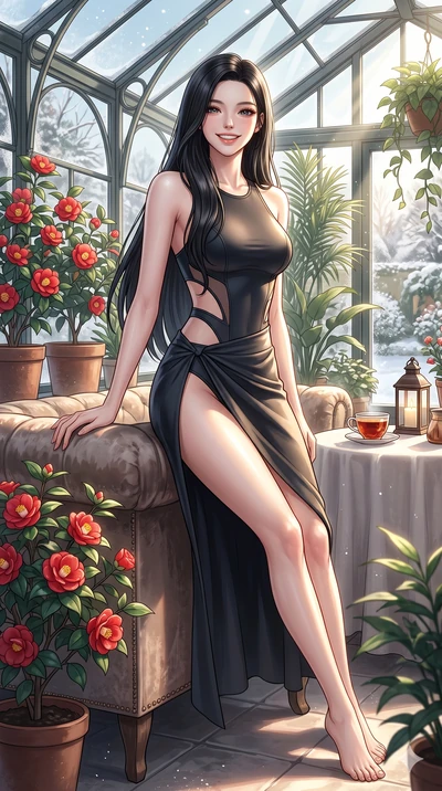 score_9, masterpiece, best quality, ultra-detailed, high-budget anime keyframe, vibrant anime aesthetic, Korean woman. cowboy shot from the thighs up, character and outfit filling the frame for maximum presence. She is leaning back against a sofa wit