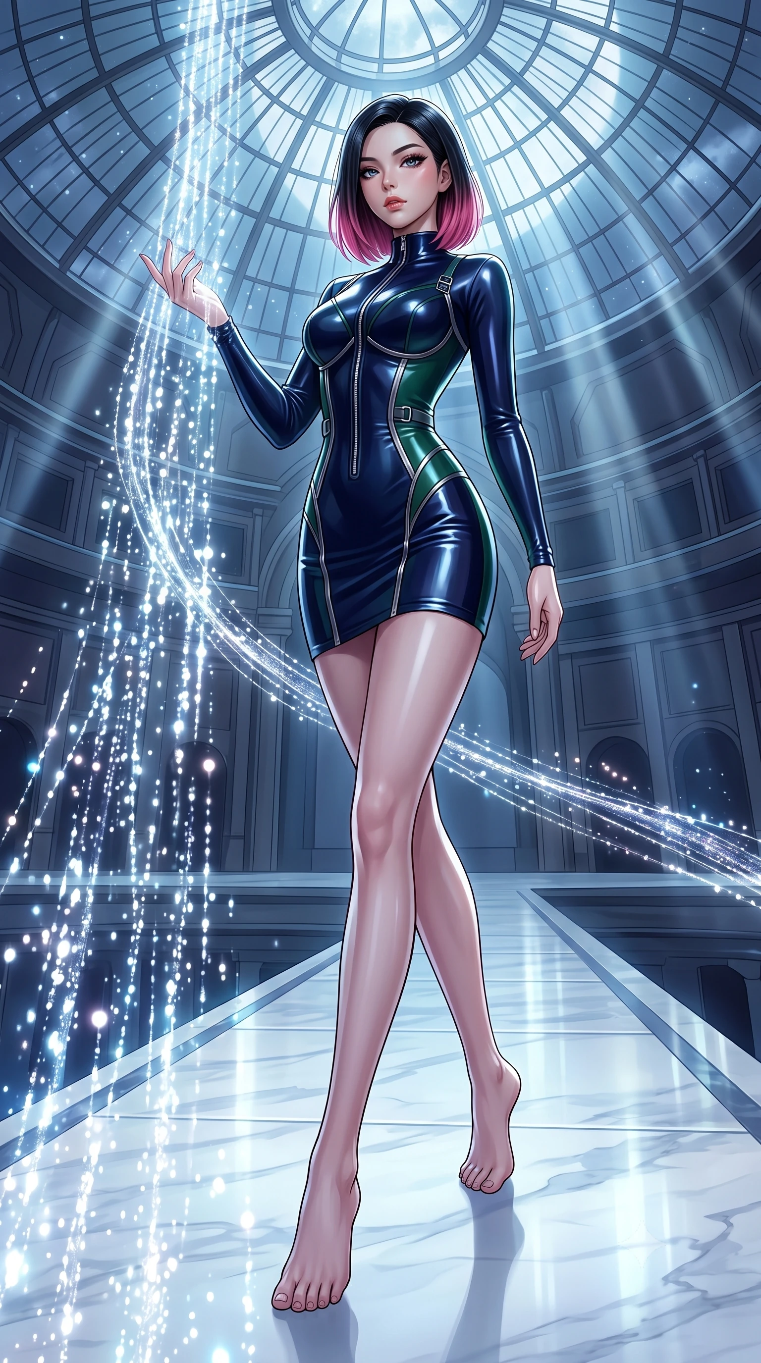 score_9, masterpiece, best quality, ultra-detailed, high-budget anime keyframe, editorial fashion photography, tasteful artistic composition, Korean woman. low angle full-body shot from head to toe showing her feet, filling the entire 9:16 vertical frame with her statuesque presence, stretching her vertical silhouette. interacting with glowing light particles, her long slender legs poised in motion, poised on an alabaster walkway flooded with cold silver moonbeams, divine celestial beauty with intense sensual presence. She has an absolutely perfect, statuesque 8.5-heads proportion, an exceptionally tall and slender model-like female figure with impossibly long slender legs and an ultra-slim waist. sharp v-shaped jawline, high-bridge nose, intricate jewel-like eyes with depth, thick eyelashes, glossy lips with a natural sheen. wearing glove-like fit dark navy latex bodycon mini dress in deep emerald green, made of liquid dark mercury jersey, finished with metallic silver boning and sleek zipper points, highlighting her statuesque proportions and ultra-slim waistline. illuminated by brilliant cold silver moonlight filtering through glass dome panes. highly saturated vibrant anime colors, detailed shading with soft gradients, rich glossy textures, high-contrast stereoscopic depth, volumetric dynamic lighting, master piece, 9:16 ratio