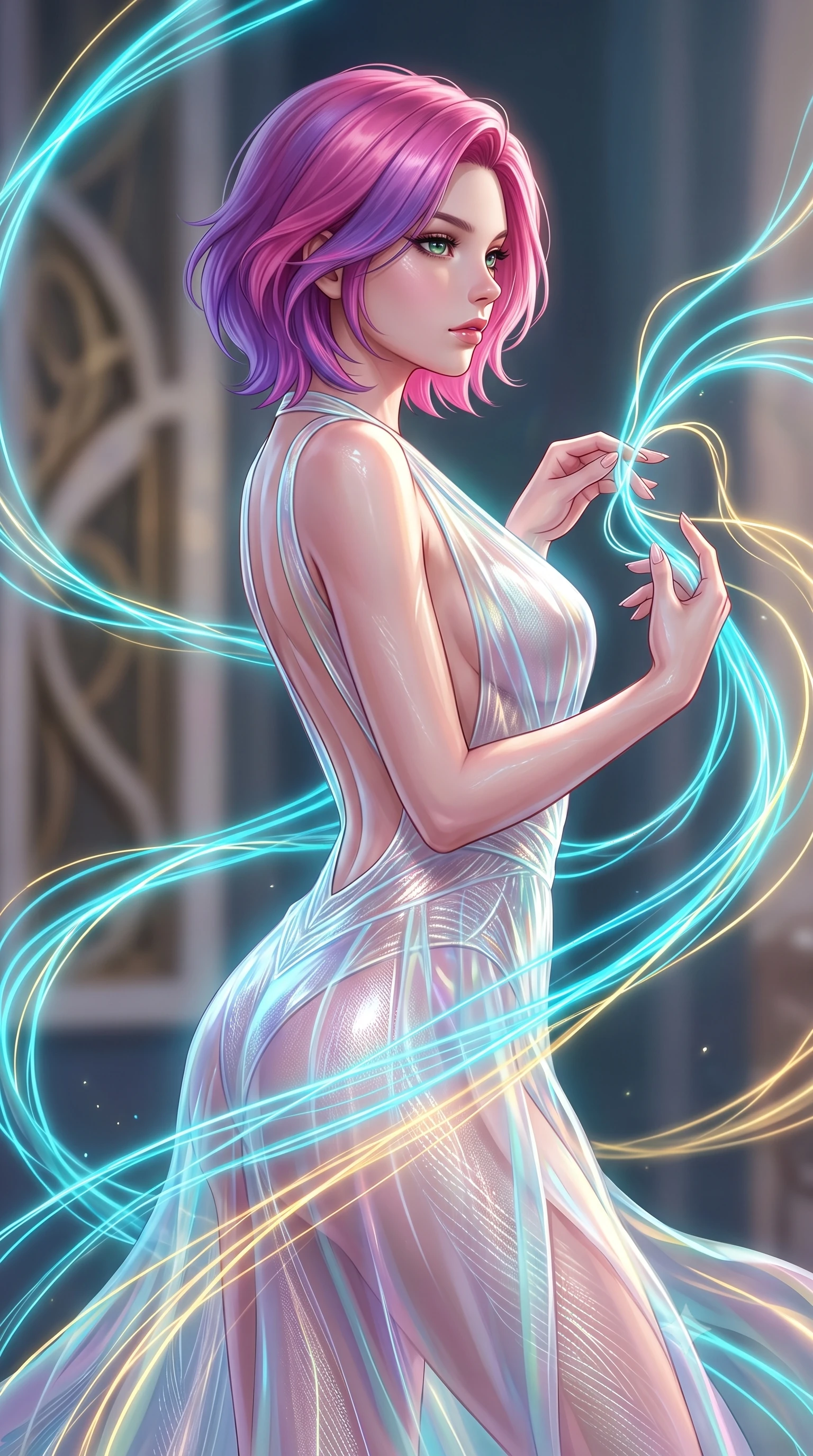 score_9, masterpiece, best quality, ultra-detailed, high-budget anime keyframe, editorial fashion photography, tasteful artistic composition, Caucasian woman. close-up cowboy shot from the waist and thighs up, the character dominates the composition, filling the frame with her large presence, background elements kept in soft focus. Gazing past the camera with an air of effortless elegance and mysterious confidence weaving a shimmering dress of light threads that flow around her figure, fine light patterns reflecting off glossy surfaces on her outfit. She has an exceptionally elegant, slender, and willowy female figure with an ultra-slim waist, a gracefully sculpted slender torso, and a refined silhouette. sharp v-shaped jawline, high-bridge nose, intricate jewel-like eyes with depth, thick eyelashes, glossy lips with a natural sheen. wearing a translucent iridescent chiffon gown with a dramatic plunging neckline and open back, the form-contouring material highlighting her ultra-slim waist and long lines. illuminated by the brilliant glow of cyan and gold luminescent threads. highly saturated vibrant anime colors, detailed shading with soft gradients, rich glossy textures, high-contrast stereoscopic depth, volumetric dynamic lighting, master piece, 9:16 ratio