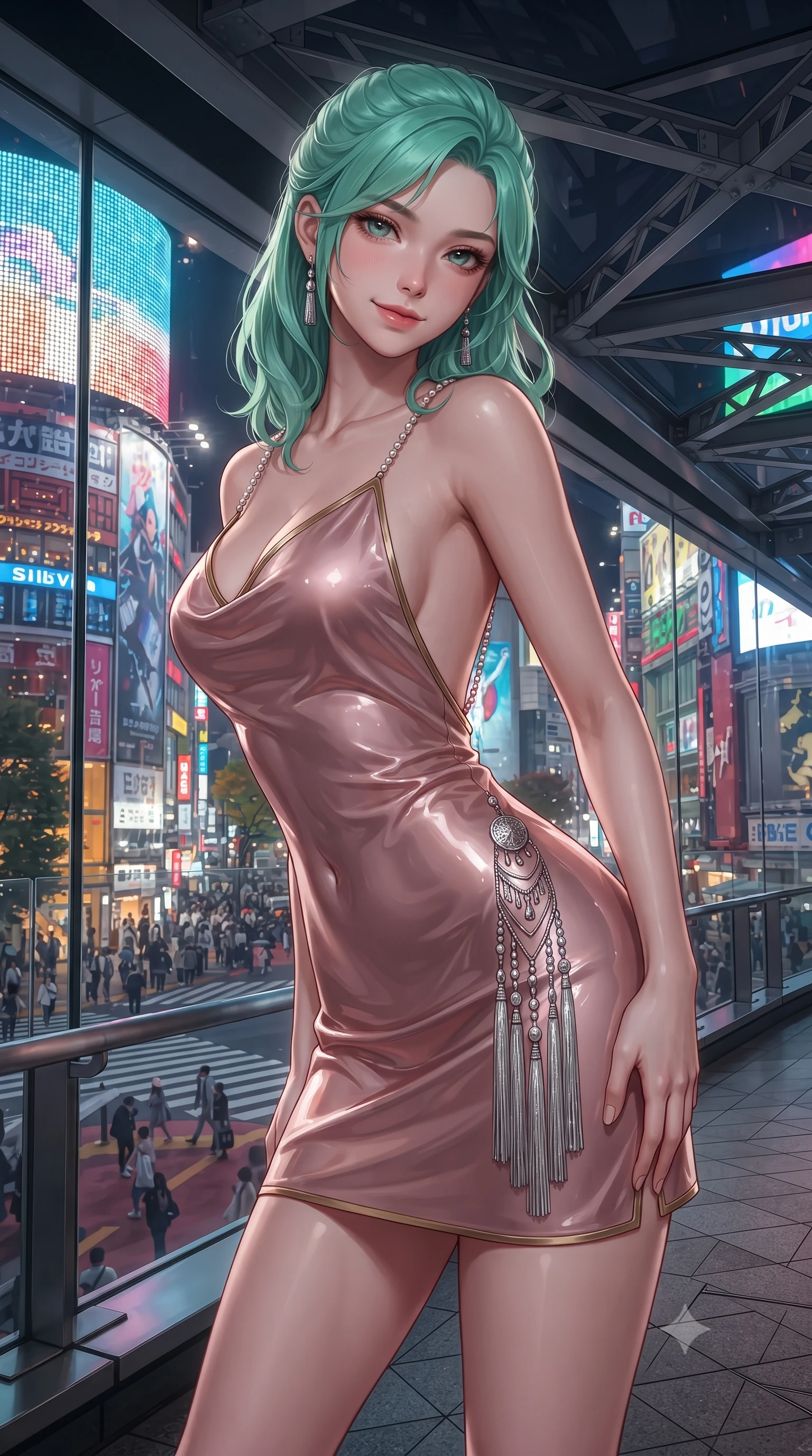 score_9, masterpiece, best quality, ultra-detailed, high-budget anime keyframe, editorial fashion photography, tasteful artistic composition, Japanese woman. close-up cowboy shot from the waist and thighs up, the character dominates the composition, filling the frame with her large presence. tilting her head with a teasing half-smile, running one hand slowly down the side of her hip in a flirtatious S-curve as ambient light caresses her silhouette while standing poised on the glass pedestrian bridge looking down over the bustling crossing, arching her back with high-fashion magnetism. The surrounding environment is rendered in vivid detail and crisp panoramic clarity: sharp glass window reflection clarity, pedestrian bridge steel truss beams, and digital screen pixel patterns in deep focus. She has an exceptionally elegant, slender, and willowy female figure with an ultra-slim waist, flat toned midriff, narrow ribcage, and sculpted feminine hips creating an alluring, slim hourglass silhouette without bulk. sharp v-shaped jawline, high-bridge nose, sparkling eyes with hypnotic seductive depth, thick curled eyelashes, glossy parted lips with a natural dewy peach sheen, alluring bedroom-eyes with an enchanting coquettish smile, exuding magnetic siren charisma and sophisticated glamour, flawlessly proportioned anatomical accuracy, strict slender model proportions, natural body alignment, perfectly sculpted long slender limbs, ultra-slim waistline, clean dynamic posture without body distortion. wearing a low-cut draped cowl-back satin slip mini dress with dainty pearl spaghetti straps in dusky blush rose and antique gold trims, crafted from wet-look high-gloss vinyl fabric with dazzling specular surface reflections, accented with an intricate silver norigae tassel swaying gracefully along her curving hip line, the glove-like clinging cut tightly following the natural contour of her hips and long slender legs with youthful 8.5-heads elegance. bathed in shifting multi-colored light radiating from giant outdoor digital billboards. ultra-reflective glossy finish, specular highlights, rich textural contrasts, high-contrast stereoscopic depth, volumetric dynamic lighting, 2k, ultra detail, master piece, 9:16 ratio