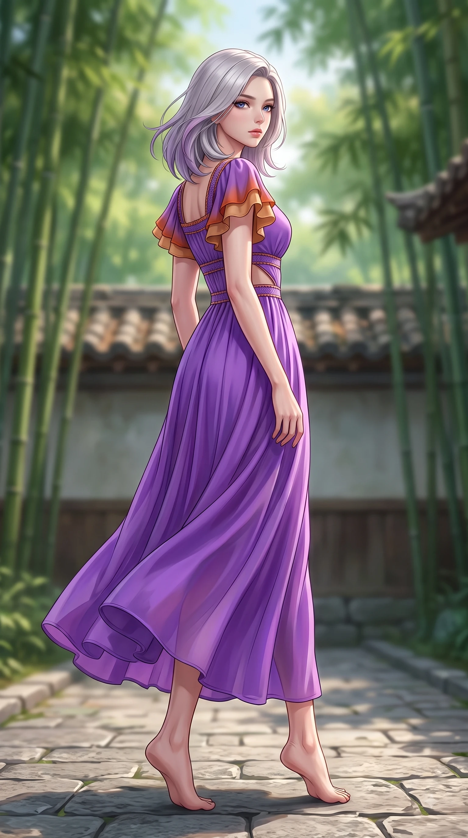 score_9, masterpiece, best quality, ultra-detailed, high-budget anime keyframe, editorial fashion photography, tasteful artistic composition, Caucasian woman. low angle full-body shot from head to toe showing her feet, filling the entire 9:16 vertical frame with her statuesque presence, stretching her vertical silhouette. Tender lingering expression with a quiet reluctant backward glance, as if hesitating to leave the moment while walking along a stone courtyard path as green bamboo leaves rustle gently around her. The composition keeps background elements in soft focus with dreamy bokeh. green bamboo groves and traditional clay roof tiles blurred into serene, soft bokeh. She has an absolutely perfect, statuesque 8.5-heads proportion, an exceptionally tall and slender model-like female figure with impossibly long slender legs and an ultra-slim waist. sharp v-shaped jawline, high-bridge nose, intricate jewel-like eyes with depth, thick eyelashes, glossy lips with a natural sheen, flawlessly proportioned anatomical accuracy, natural body alignment, perfectly sculpted elegant limbs, clean dynamic posture without body distortion. wearing a vivid violet chiffon gown with delicate smocked details and flutter sleeves in burnt orange and warm camel beige, crafted from smooth liquid silk satin, complemented by clean architectural seams and subtle cutouts, the chic fashion cut framing her graceful clavicle and slender torso. surrounded by a serene, elegant, and heritage fashion editorial aura. highly saturated vibrant anime colors, detailed shading with soft gradients, rich glossy textures, high-contrast stereoscopic depth, volumetric dynamic lighting, master piece, 9:16 ratio