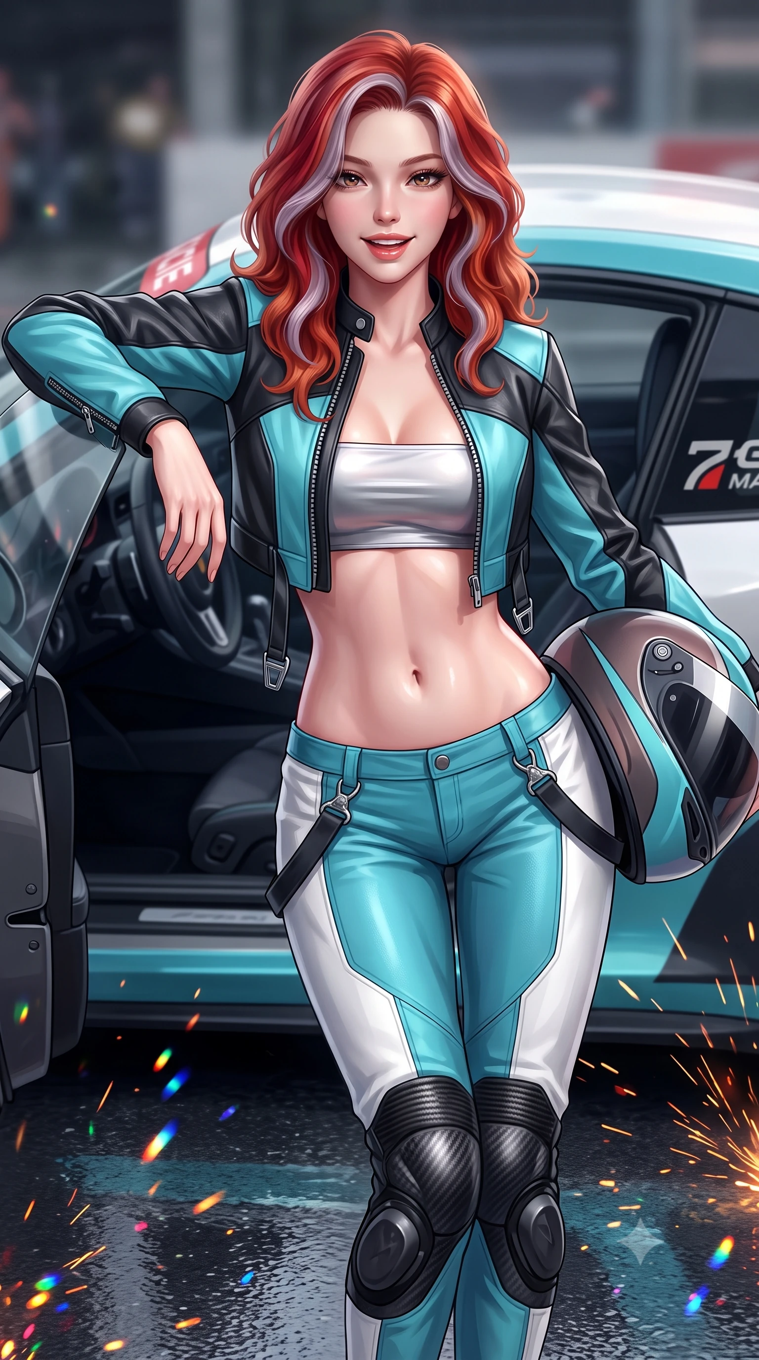 score_9, masterpiece, best quality, ultra-detailed, high-budget anime keyframe, semi-realistic 3D game render, editorial fashion photography, tasteful artistic composition, Caucasian woman. close-up cowboy shot from the waist and thighs up, the character dominates the composition, filling the frame with her large presence. laughing softly with enchanting, forbidden warmth, parted lips glistening as specular highlights illuminate her sculpted cheeks while leaning deep against the driver's side door with hips cocked, helmet resting against her hip, smoldering gaze locking onto the lens. The composition keeps background elements in soft focus with creamy bokeh. rain-slicked asphalt reflections and turbo exhaust sparks scattering vivid chromatic light motes. She has an exceptionally elegant, slender, and willowy female figure with an ultra-slim waist, a gracefully sculpted slender torso, toned flat midriff, and a refined slim silhouette. sharp v-shaped jawline, high-bridge nose, intricate jewel-like eyes with depth, thick eyelashes, glossy parted lips with a natural sheen, intensely captivating and seductive expression, flawlessly proportioned anatomical accuracy, strict slender model proportions, natural body alignment, perfectly sculpted long slender limbs, ultra-slim waistline, clean dynamic posture without body distortion. wearing a cropped leather racing jacket unzipped over a reflective silver bandeau top and low-rise carbon track pants in racing aqua blue and stark white, made of durable ripstop technical nylon with metallic zipper teeth, accented with hanging industrial clip straps and carbon fiber knee sliders, the precision-cut daring openings accentuating her delicate midriff, graceful bare collarbones, and ultra-slim feminine waistline. illuminated by wet specular asphalt bounce lights sculpting her toned midriff, slender waist, and long legs. highly saturated vibrant anime colors, detailed shading with soft gradients, rich glossy textures, high-contrast stereoscopic depth, volumetric dynamic lighting, master piece, 9:16 ratio