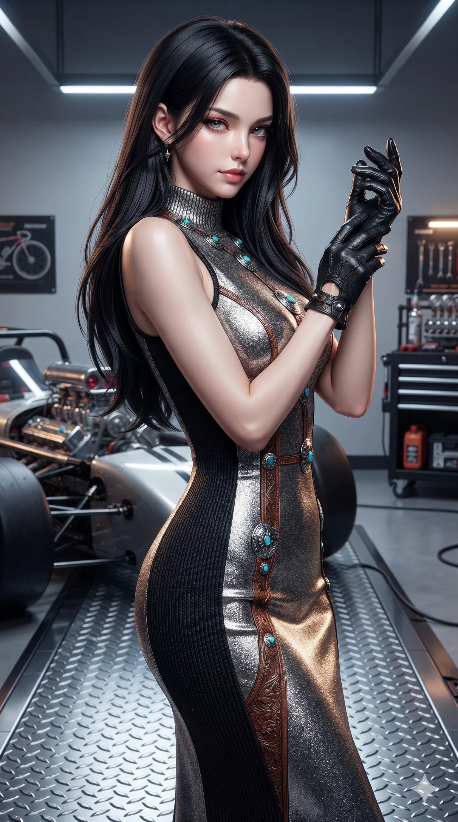 score_9, masterpiece, best quality, ultra-detailed, high-budget anime keyframe, editorial fashion photography, tasteful artistic composition, Korean woman. close-up cowboy shot from the waist and thighs up, the character dominates the composition, filling the frame with her large presence. twisting her slender torso in a deep contrapposto stance, hips dramatically shifted to accentuate her feminine curves while looking past her shoulder with smoldering bedroom-eyes while standing poised on the steel diamond-plate platform, arching her lower back with sovereign supermodel grace while adjusting her leather gloves. The surrounding environment is rendered in vivid detail and crisp panoramic clarity: detailed leatherette corset bodice tailoring, western floral tooling, and high-performance racing setup in razor-sharp precision. She has an exceptionally elegant, slender, and willowy female figure with an ultra-slim waist, flat toned midriff, narrow ribcage, and sculpted feminine hips creating an alluring, slim hourglass silhouette without bulk. sharp v-shaped jawline, high-bridge nose, sparkling eyes with hypnotic seductive depth, thick curled eyelashes, glossy parted lips with a natural dewy peach sheen, alluring bedroom-eyes with an enchanting coquettish smile, exuding magnetic siren charisma and sophisticated glamour, flawlessly proportioned anatomical accuracy, strict slender model proportions, natural body alignment, perfectly sculpted long slender limbs, ultra-slim waistline, clean dynamic posture without body distortion. wearing a refined high-neck sleeveless knit column dress with ribbed side panels and leather trim in high-contrast coastal monochrome with gold hardware, crafted from luxurious metallic lamé that shifts radiance with every step, accented with authentic engraved silver concho medallions and turquoise cabochons, the impeccably tailored cut draping gracefully along her slender figure with aristocratic western poise. illuminated by diamond-plate floor bounce and sharp copper-gold rim lights defining her razor-sharp jawline, narrow waist, and curvy hips. ultra-reflective glossy finish, specular highlights, rich textural contrasts, high-contrast stereoscopic depth, volumetric dynamic lighting, 2k, ultra detail, master piece, 9:16 ratio