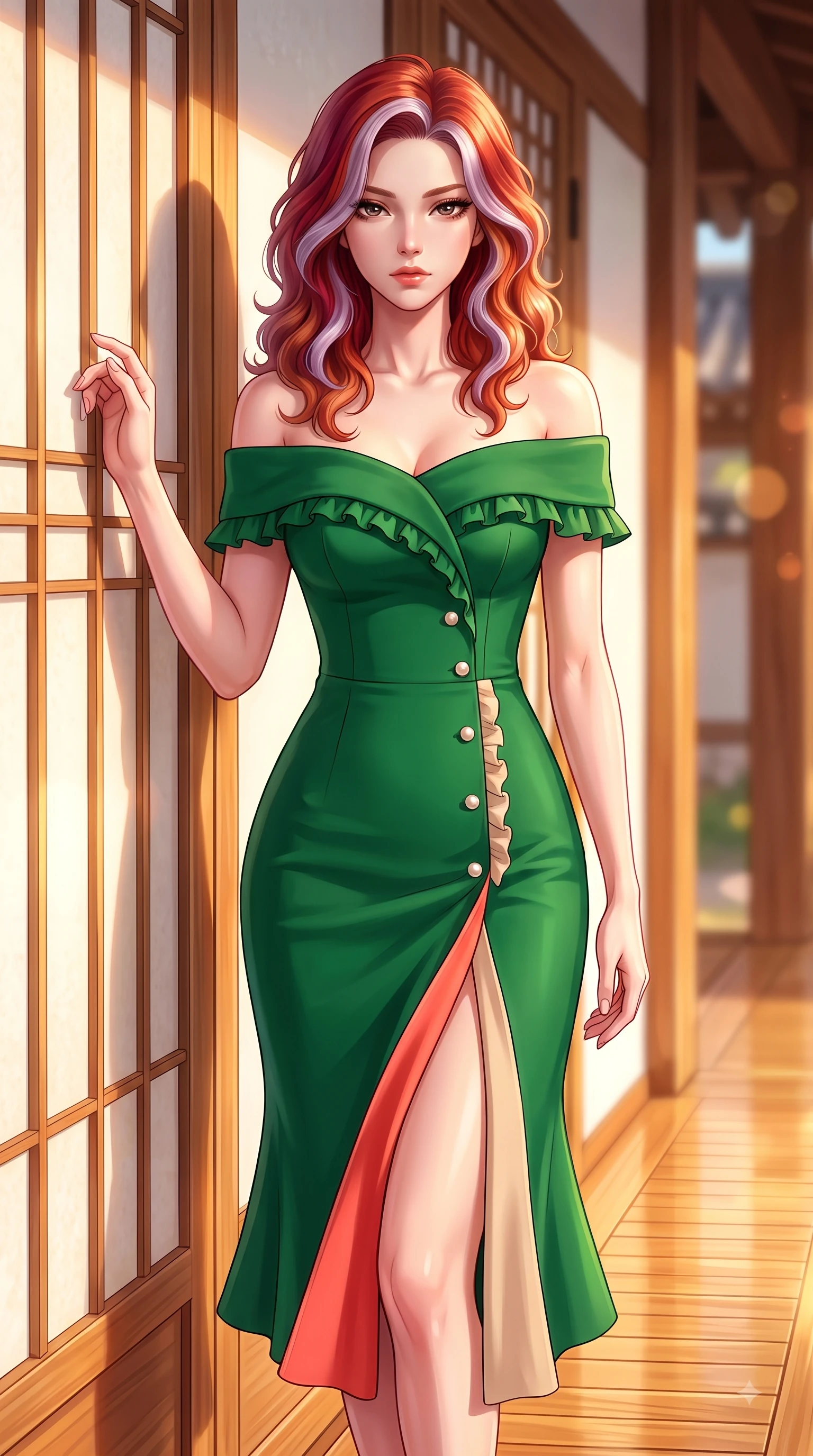 score_9, masterpiece, best quality, ultra-detailed, high-budget anime keyframe, editorial fashion photography, tasteful artistic composition, Caucasian woman. close-up cowboy shot from the waist and thighs up, the character dominates the composition, filling the frame with her large presence. Statuesque haughty posture with a cool, sharp glance and composed high-fashion elegance while leaning against a sun-drenched paper screen door with a serene, magnetic pose. The composition keeps background elements in soft focus with dreamy bokeh. sun-drenched paper doors and wooden Hanok pillars softened by warm shallow focus. She has an exceptionally elegant, slender, and willowy female figure with an ultra-slim waist, a gracefully sculpted slender torso, and a refined silhouette. sharp v-shaped jawline, high-bridge nose, intricate jewel-like eyes with depth, thick eyelashes, glossy lips with a natural sheen, flawlessly proportioned anatomical accuracy, natural body alignment, perfectly sculpted elegant limbs, clean dynamic posture without body distortion. wearing a vibrant forest green off-shoulder midi dress with a tasteful front slit in vibrant coral red and soft beige, tailored from structured wool crepe with clean lines, accented with delicate pearl buttons and refined ruffle trims, the tailored fit highlighting her statuesque and model-like silhouette. illuminated by warm golden sunlight reflecting off polished wooden verandas. highly saturated vibrant anime colors, detailed shading with soft gradients, rich glossy textures, high-contrast stereoscopic depth, volumetric dynamic lighting, master piece, 9:16 ratio