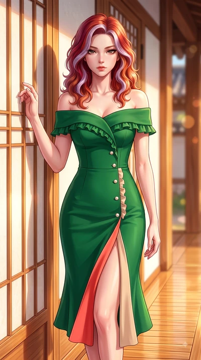 score_9, masterpiece, best quality, ultra-detailed, high-budget anime keyframe, editorial fashion photography, tasteful artistic composition, Caucasian woman. close-up cowboy shot from the waist and thighs up, the character dominates the composition,