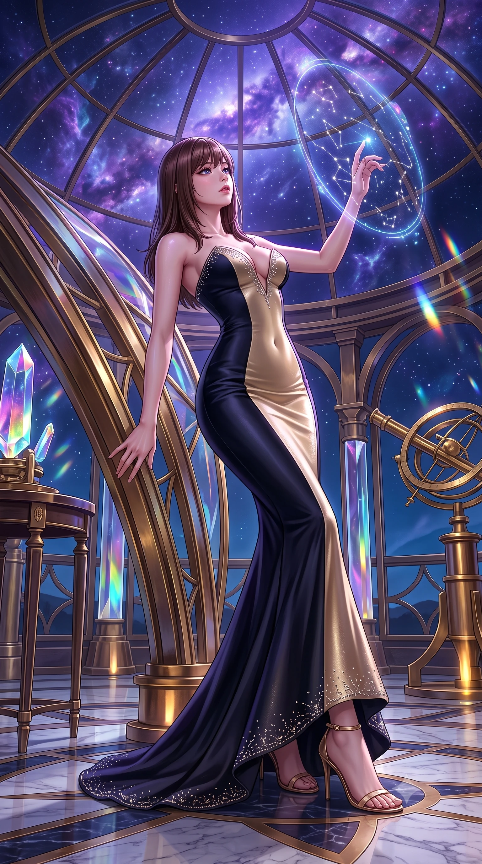 score_9, masterpiece, best quality, ultra-detailed, high-budget anime keyframe, semi-realistic 3D game render, editorial fashion photography, tasteful artistic composition, Korean woman. low angle full-body shot from head to toe showing her feet, filling the entire 9:16 vertical frame with her statuesque presence, stretching her vertical silhouette. leaning deep against the structural architecture with hips cocked in an unapologetically bold, seductive high-fashion stance while arching her spine in a fluid dancer stretch beneath the open observatory glass dome, fingers lightly tracing a floating star map. The surrounding environment is rendered in vivid detail and crisp panoramic clarity. detailed deep-space nebula filaments, crystal prism reflections, and marble floor inlay in high clarity. She has an absolutely perfect, statuesque 8.5-heads proportion, an exceptionally tall and slender model-like female figure with impossibly long slender legs, a toned flat midriff, an ultra-slim waist, and beautifully sculpted feminine hips. sharp v-shaped jawline, high-bridge nose, intricate jewel-like eyes with depth, thick eyelashes, glossy parted lips with a natural sheen, intensely captivating and seductive bedroom-eyes expression, flawlessly proportioned anatomical accuracy, strict slender model proportions, natural body alignment, perfectly sculpted long slender limbs, ultra-slim waistline, clean dynamic posture without body distortion. wearing a midnight silk crepe mermaid gown featuring an architectural strapless neckline and bodycon hip hug in midnight obsidian black and liquid stardust gold, tailored from ultra-smooth duchess satin with a pearlescent celestial sheen, featuring delicate starlight crystal embroidery along the neckline and hem, the second-skin form-contouring cut accentuating her sculpted flat midriff, narrow waistline, and dramatically curvy hips without adding bulk. bathed in cool violet nebula glow from above and warm golden brass indicator uplights. highly saturated vibrant anime colors, detailed shading with soft gradients, rich glossy textures, high-contrast stereoscopic depth, volumetric dynamic lighting, master piece, 9:16 ratio