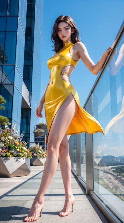 score_9, masterpiece, best quality, ultra-detailed, high-budget anime keyframe, editorial fashion photography, tasteful artistic composition, Korean woman. low angle full-body shot from head to toe showing her feet, filling the entire 9:16 vertical f
