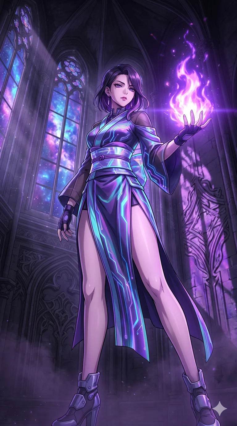 score_9, masterpiece, best quality, ultra-detailed, High-budget Anime Keyframe, vibrant colors, fluid line-art, expressive lighting, cinematic composition, Ufotable-style visual effects, top-tier animation quality, Korean woman with idol-like refined features. Wide-angle low shot emphasizing her impossibly long slender legs and commanding stature. Igniting a mystical flame that burns with a brilliant violet light, casting long and dramatic shadows on the temple walls. She has an absolutely perfect 8-heads proportion, an exceptionally tall and slender female figure with impossibly long slender legs and an ultra-slim waist, her statuesque height and towering silhouette dominating the vertical 9:16 frame. Her face is a masterpiece featuring a sharp v-shaped jawline, high-bridge nose, intricate jewel-like eyes with depth, thick eyelashes, and glossy lips with a natural sheen. She is wearing a High-slit tech-kimono with holographic obi and integrated neon-lit circuitry patterns crafted from Iridescent vinyl with a futuristic sheen that shifts between violet and cyan, with sheer fabric transparency over her delicate curves and a high-cut silhouette. The scene is set in a majestic gothic cathedral in deep space with massive windows overlooking a swirling nebula, illuminated by volumetric light beams cutting through a hazy atmosphere, creating a sense of depth. 2k, ultra detail, master piece, 9:16 ratio
