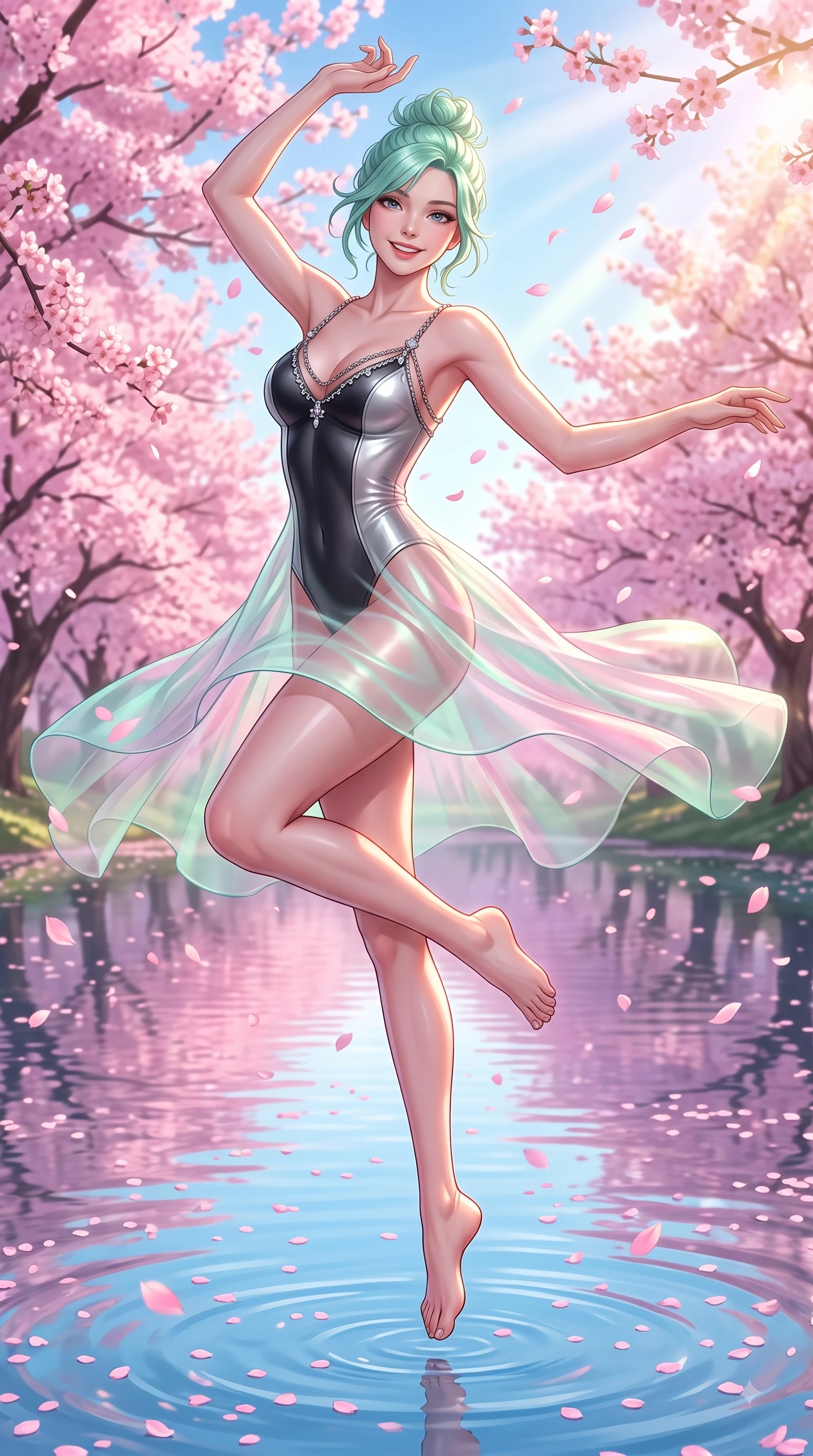 score_9, masterpiece, best quality, ultra-detailed, high-budget anime keyframe, editorial fashion photography, tasteful artistic composition, Japanese woman. low angle full-body shot from head to toe showing her feet, filling the entire 9:16 vertical frame with her statuesque presence, stretching her vertical silhouette. forging dynamically through the scene with a happy infectious smile, her ultra-slim waist creating a sweeping curve while spinning in mid-air over a serene mirror lake as pink petals rain softly around her, dense canopies of pink cherry blossoms scattering petals across the clear blue lake. She has an absolutely perfect, statuesque 8.5-heads proportion, an exceptionally tall and slender model-like female figure with impossibly long slender legs and an ultra-slim waist. sharp v-shaped jawline, high-bridge nose, intricate jewel-like eyes with depth, thick eyelashes, glossy lips with a natural sheen, flawlessly proportioned anatomical accuracy, natural body alignment, perfectly sculpted elegant limbs, clean dynamic posture without body distortion. wearing a semi-opaque sheer overlay dress over a leather micro-bodysuit in matte black and polished silver, crafted from iridescent chiffon that shifts colors in the light, adorned with delicate metallic chain straps along the neckline, the tailored fabric tightly following every curve of her athletic build. bathed in bright morning sunbeams and warm golden sakura backlighting. ultra-reflective glossy finish, specular highlights, metallic sheen, high-contrast stereoscopic depth, volumetric dynamic lighting, 2k, ultra detail, master piece, 9:16 ratio
