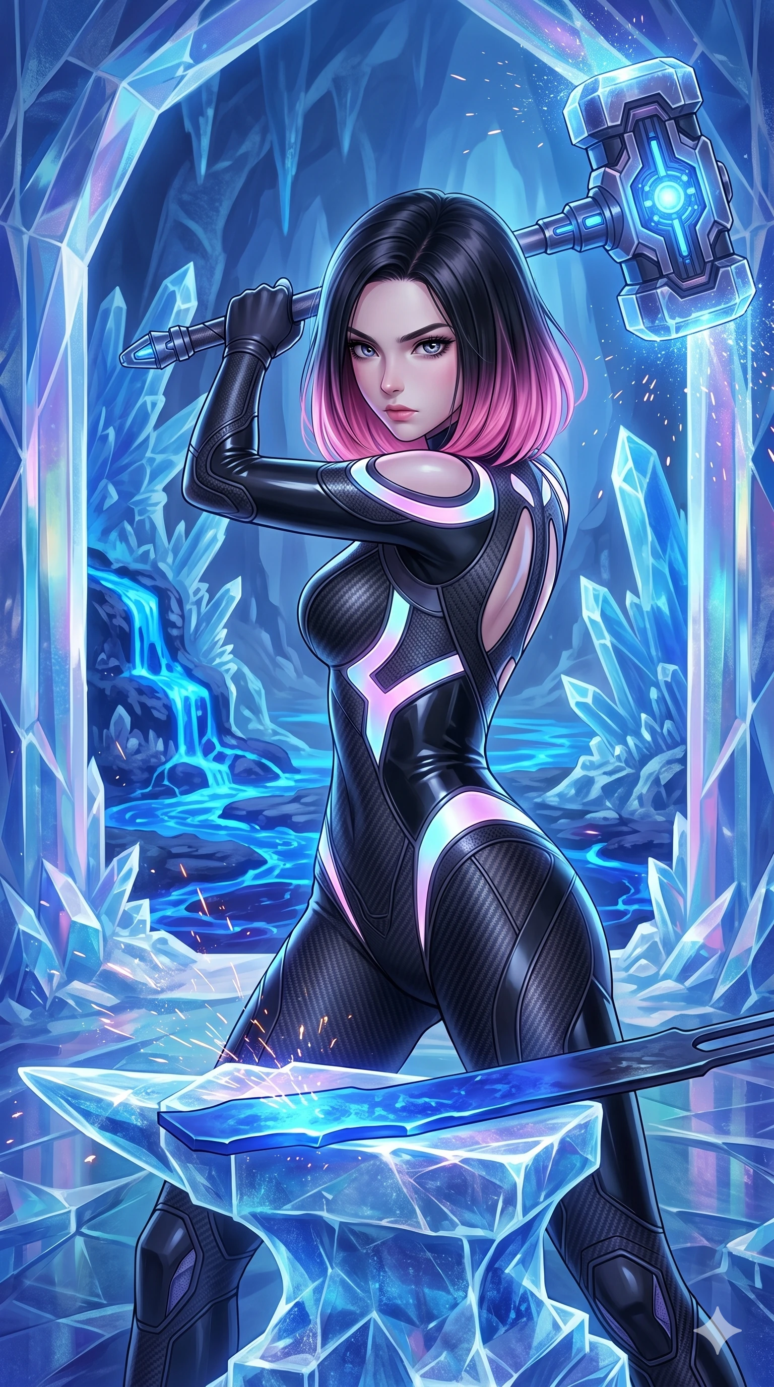 score_9, masterpiece, best quality, ultra-detailed, high-budget anime keyframe, Korean woman. upper body close-up from the thighs up, character filling the screen for maximum presence. forging in a prismatic ice-volcano temple where glowing cobalt-blue liquid magma flows between frozen blue ash crystals. She has an absolutely perfect 8-heads proportion, an exceptionally tall and slender female figure with impossibly long slender legs and an ultra-slim waist. V-shaped jawline, high-bridge nose, intricate jewel-like eyes with depth, thick eyelashes, glossy lips with a natural sheen.. wearing a second-skin carbon fiber combat suit, featuring matte carbon fiber and glossy latex panels with elegant slitted cutouts on the upper back. enhanced by a luminous pastel spectrum glow, casting elegant rim lights on her shoulders and jawline. 2k, ultra detail, master piece, 9:16 ratio