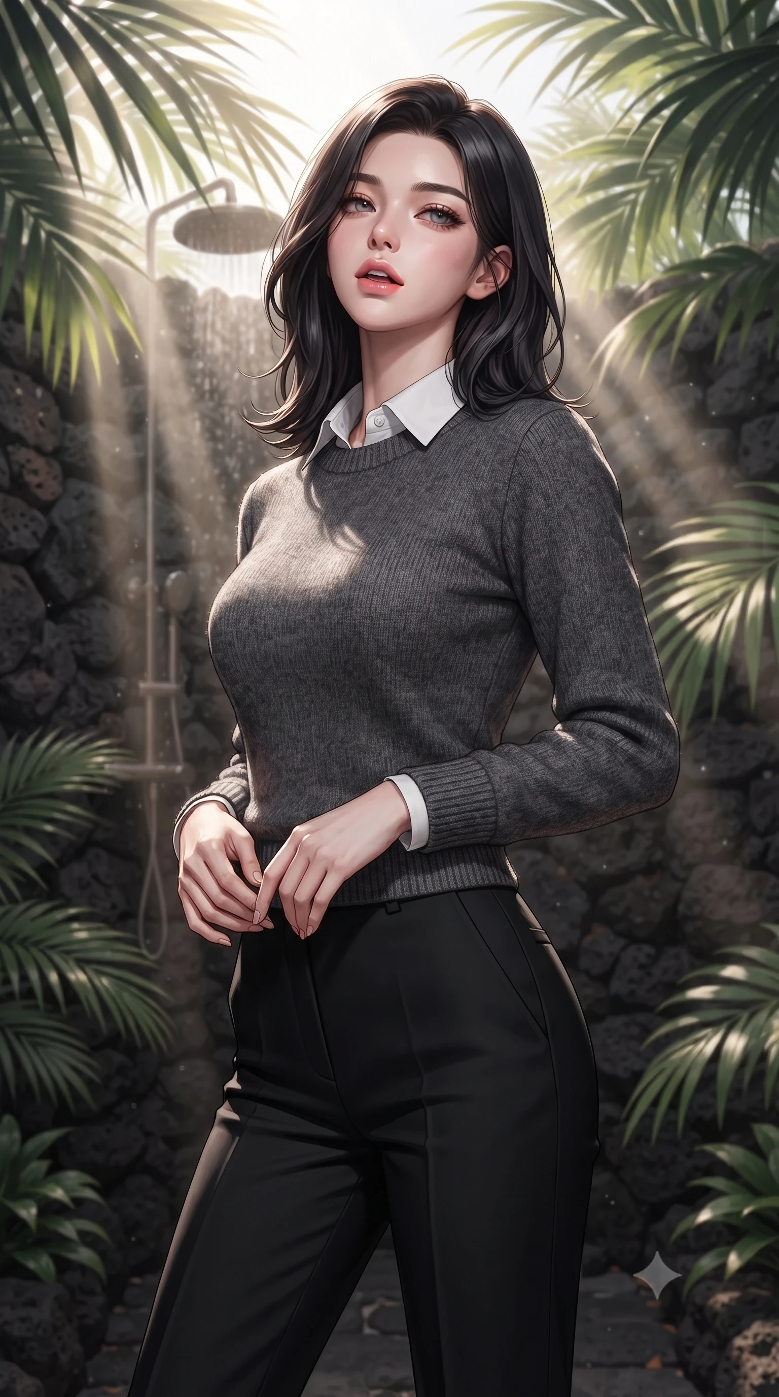 score_9, masterpiece, best quality, ultra-detailed, high-budget anime keyframe, editorial fashion photography, tasteful artistic composition, Korean woman woman. close-up cowboy shot from the waist and thighs up, the character dominates the composition, filling the frame with her large presence, background elements kept in soft focus. tilting her chin up slightly with lips parted in a composed, provocative expression the background shows a soft-focus a private outdoor shower built of volcanic rocks, surrounded by large palm leaves. She has an exceptionally elegant, slender, and willowy female figure with an ultra-slim waist, a gracefully sculpted slender torso, and a refined silhouette. sharp v-shaped jawline, high-bridge nose, intricate jewel-like eyes with depth, thick eyelashes, glossy lips with a natural sheen. wearing a tailored cozy charcoal grey knit sweater over a white collared shirt and black slacks. sun rays slicing through the palm fronds, creating dramatic volumetric shafts of light. ultra-reflective glossy finish, specular highlights, metallic sheen, high-contrast stereoscopic depth, volumetric dynamic lighting, 2k, ultra detail, master piece, 9:16 ratio
