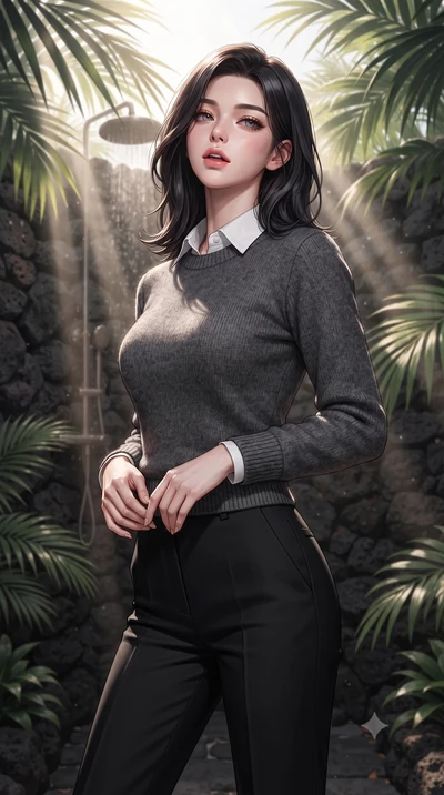 score_9, masterpiece, best quality, ultra-detailed, high-budget anime keyframe, editorial fashion photography, tasteful artistic composition, Korean woman woman. close-up cowboy shot from the waist and thighs up, the character dominates the compositi