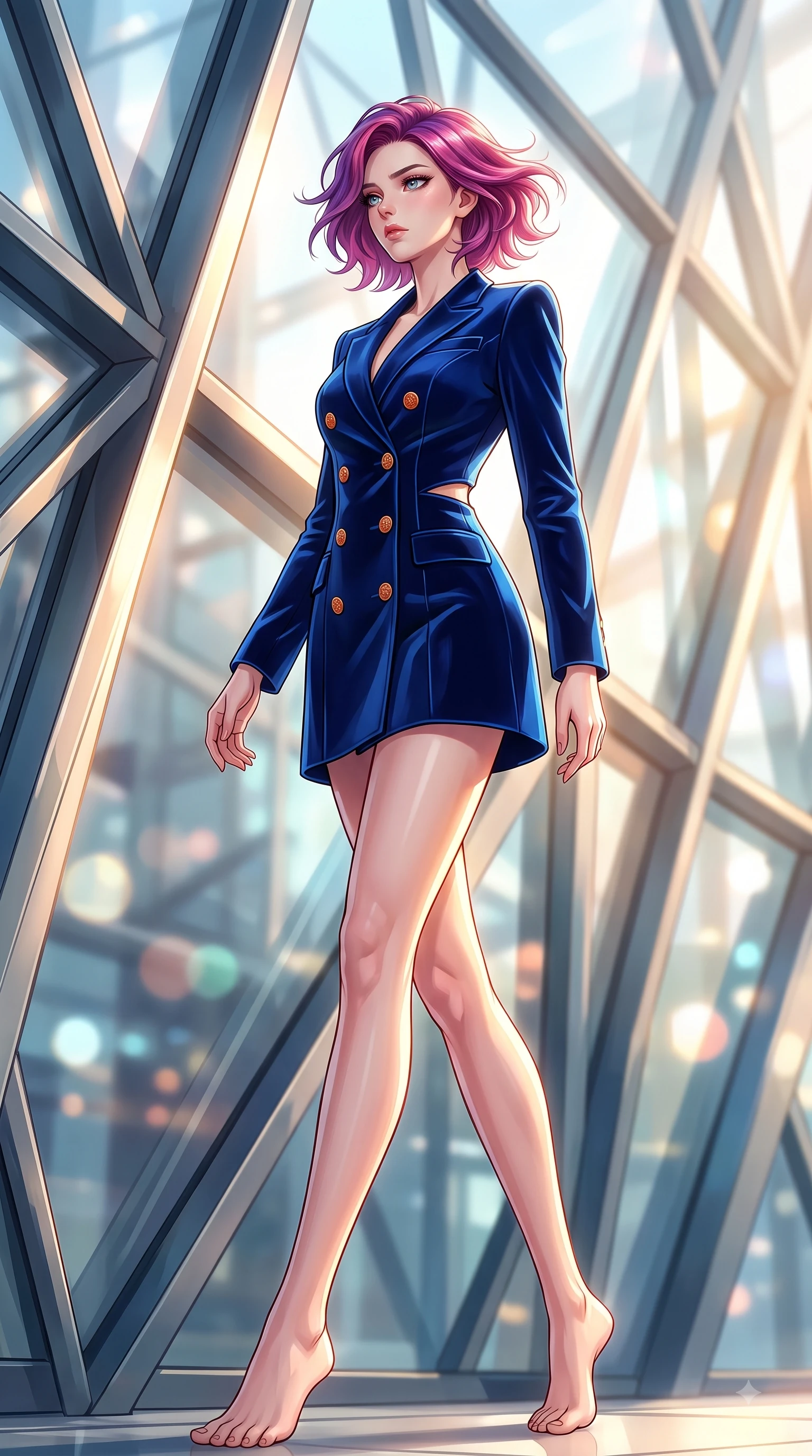 score_9, masterpiece, best quality, ultra-detailed, high-budget anime keyframe, editorial fashion photography, tasteful artistic composition, Caucasian woman. low angle full-body shot from head to toe showing her feet, filling the entire 9:16 vertical frame with her statuesque presence, stretching her vertical silhouette. Subtle lingering regret in her eyes, looking back over her shoulder with an emotional, reluctant glance while pivoting dynamically near a towering geometric glass facade with intense sunlight filtering through. The composition keeps background elements in soft focus with dreamy bokeh. geometric steel beams and glass panel reflections blurred into futuristic, ambient bokeh. She has an absolutely perfect, statuesque 8.5-heads proportion, an exceptionally tall and slender model-like female figure with impossibly long slender legs and an ultra-slim waist. sharp v-shaped jawline, high-bridge nose, intricate jewel-like eyes with depth, thick eyelashes, glossy lips with a natural sheen, flawlessly proportioned anatomical accuracy, natural body alignment, perfectly sculpted elegant limbs, clean dynamic posture without body distortion. wearing a royal navy blue double-breasted blazer dress accented with gold crest buttons in burnt orange and warm camel beige, made of premium stretch velvet with a rich glossy sheen, complemented by clean architectural seams and subtle cutouts, the tailored fit highlighting her statuesque and model-like silhouette. illuminated by polished specular highlights and cool futuristic rim lighting. highly saturated vibrant anime colors, detailed shading with soft gradients, rich glossy textures, high-contrast stereoscopic depth, volumetric dynamic lighting, master piece, 9:16 ratio