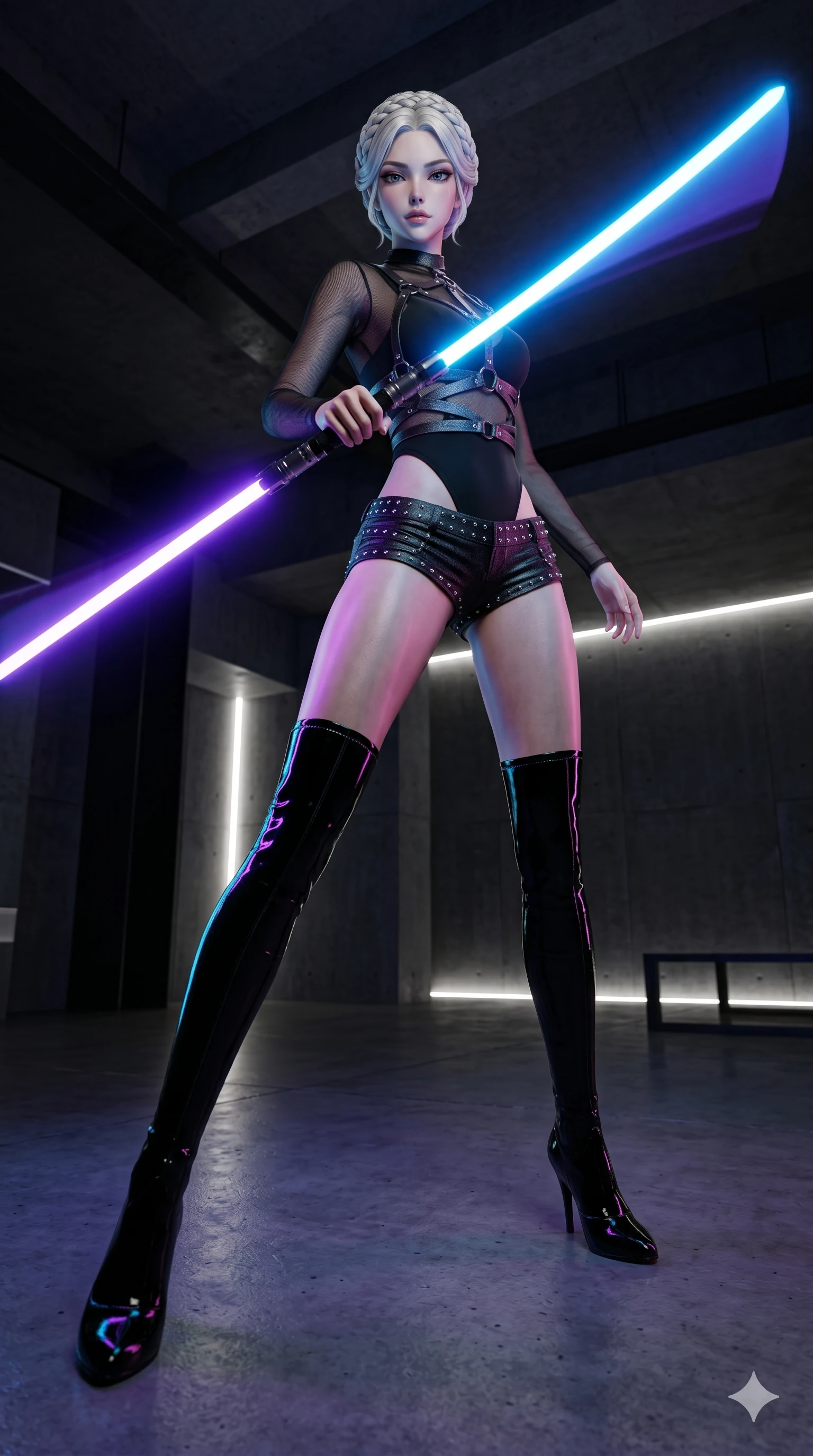 score_9, masterpiece, best quality, ultra-detailed, photorealistic 8k CG, hyper-detailed textures, ray-tracing, Korean woman. Dynamic full-body shot stretching the vertical silhouette with extreme perspective. spinning a double-edged light-saber in a dark, minimalist room. She has an absolutely perfect 8-heads proportion, an exceptionally tall and slender female figure with an ultra-slim waist and impossibly long slender legs. strictly human anatomy, two legs only, no extra limbs, clearly defined legs and arms, perfect anatomy, perfect hands and fingers. sharp v-shaped jawline, high-bridge nose, intricate jewel-like eyes, thick eyelashes, glossy lips. Wearing K-Idol Stage: Leather harness over mesh, high-cut bodysuit, studded micro-shorts, and thigh-high patent boots. The scene is illuminated by dramatic atmospheric lighting and vibrant color palettes. , 2k, ultra detail, master piece, 9:16 ratio